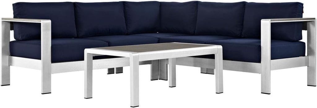 Modway Shore 4-Piece Aluminum Outdoor Patio Sectional Sofa Set in Silver Navy