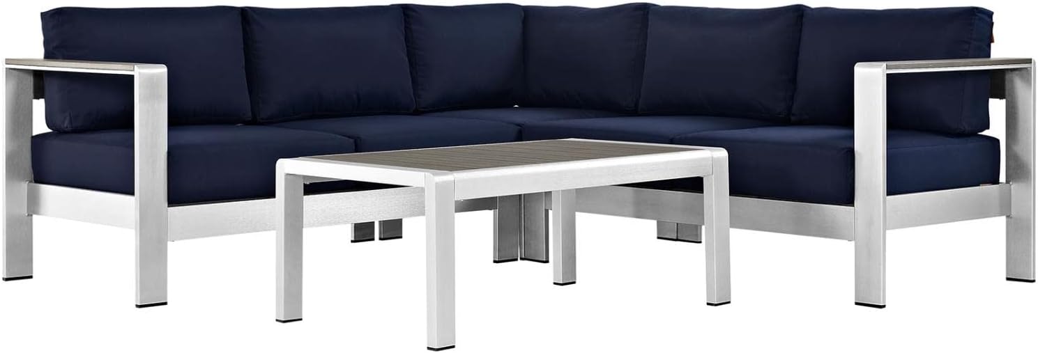 Modway Shore 4-Piece Aluminum Outdoor Patio Sectional Sofa Set in Silver Navy