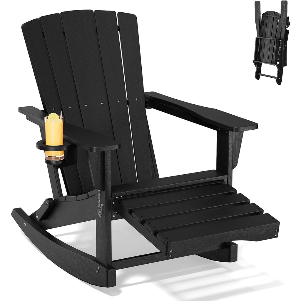 Adirondack Rocking Chair with Retractable Ottoman,Outdoor Folding Adirondack Chair with Cup Holder,HDPE All-Weather Patio Lounge Chair for Porch,Lawn, Poolside, Black