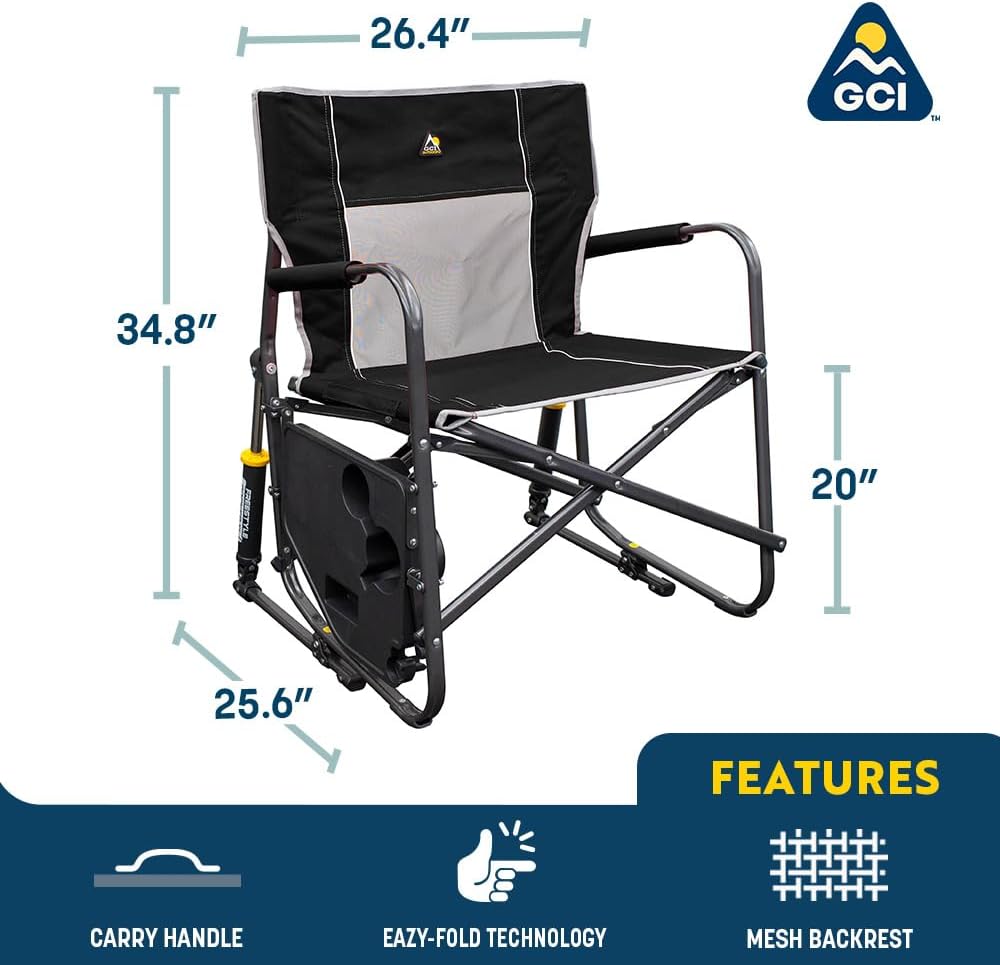 GCI OUTDOOR Freestyle Rocker XL with Side Table Camping Chair | Portable Folding Rocking Chair with Solid, Durable Armrests, Drink Holder & Comfortable Backrest — Red