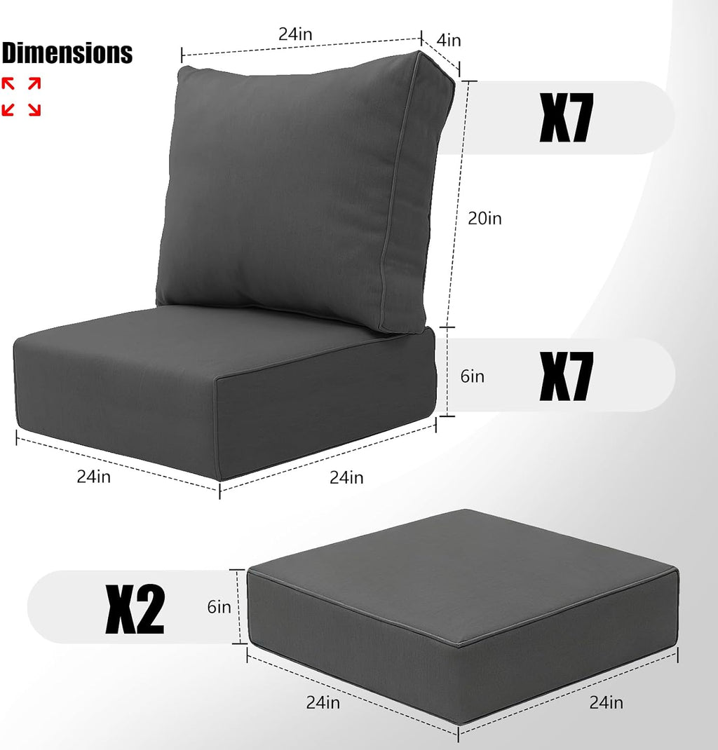 (Only Cushions)16 Piece Patio Cushion Set for 10 Pieces Wicker Rattan Conversation Sofa Set with Swivel Rocking Chair and Ottomans,6" Thick Cushion for 7 Person Patio Conversation Sets (24*24in)