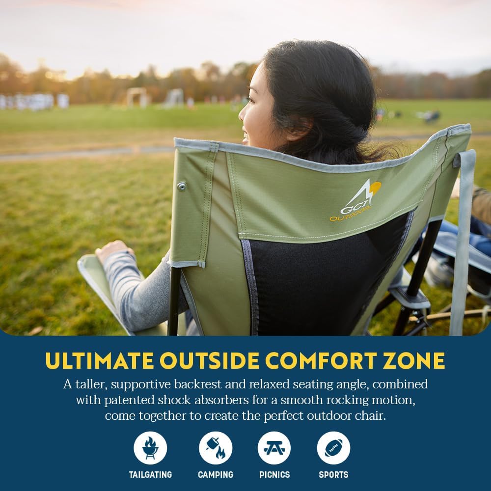 GCI Outdoor Comfort Pro Rocker Camping Chair | Portable Folding Rocking Chair with Durable Armrests & Drink Holder — Loden Green