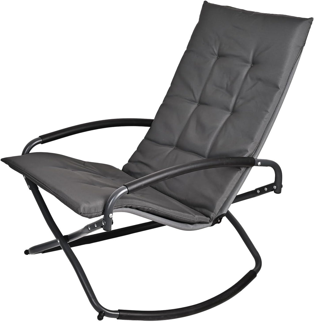 Rocking Folding Chair Comfy Recliner Chair with Puffy Cushion Suitable for Porch Deck, Garden, Patio Lounge Set, Gray，Weather Resistant Textilene Fabric Space-Saving 330lbs Capacity