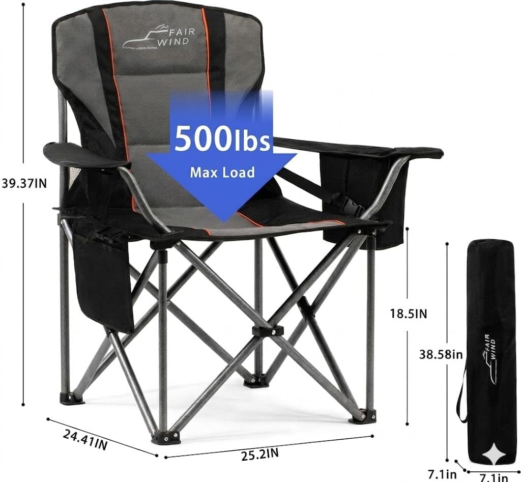 FAIR WIND Padded Camping Chair 500LBS Capacity Heavy Duty Oversized Folding Chair for Heavy People Portable Lawn Chair with Adjustable Lumbar Support, Cooler Bag & Cup Holder for Outdoor, Beach