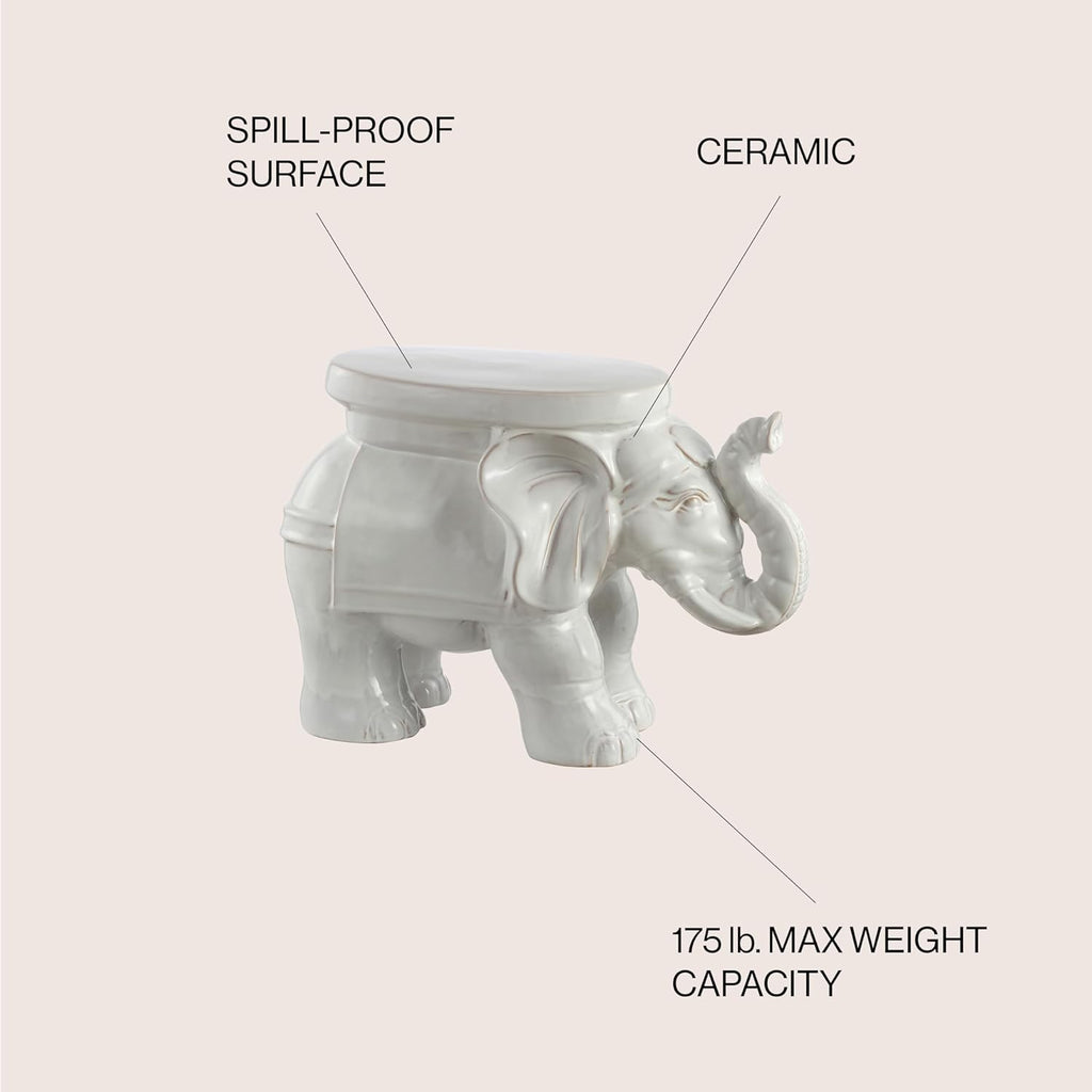 JONATHAN Y White Elephant 14.25" Glazed Ceramic Elephant Garden Stool, Weather-Resistant Indoor/Outdoor Patio Side Table and Plant Stand, Bohemian, Antique White TBL1007A