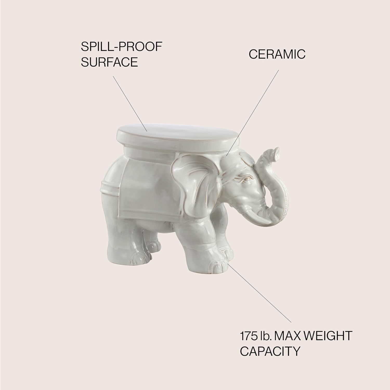JONATHAN Y White Elephant 14.25" Glazed Ceramic Elephant Garden Stool, Weather-Resistant Indoor/Outdoor Patio Side Table and Plant Stand, Bohemian, Antique White TBL1007A