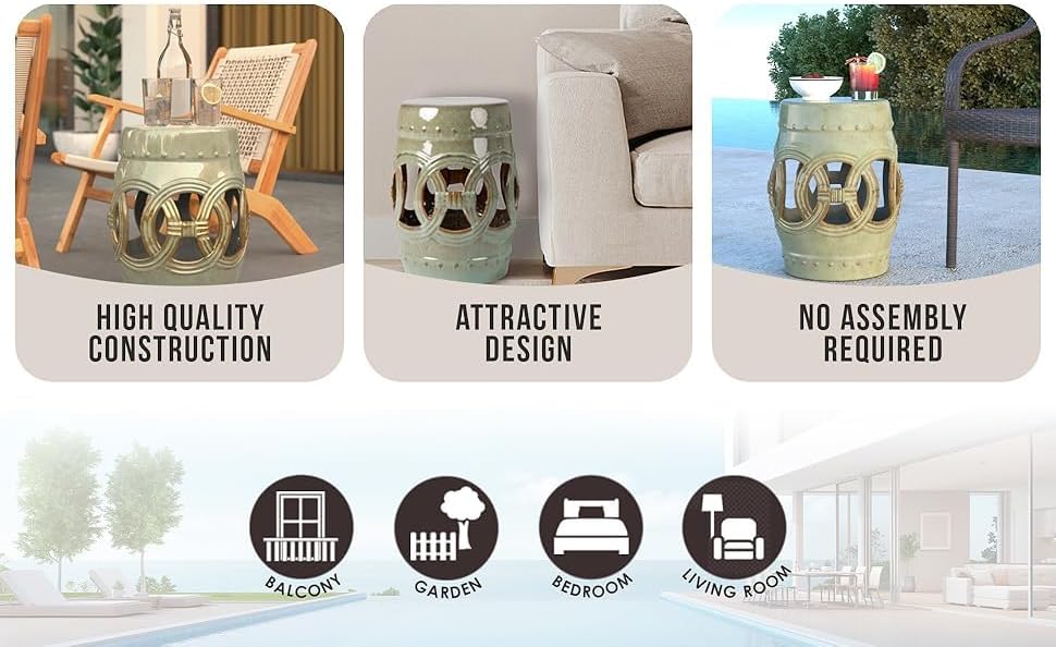 Balkene Home Large Medallion Ceramic Indoor Outdoor Garden Stool Table Perfect As Plant Pedestals, Flexible Seating Constructed of Fired Porcelain Ceramic - Olive Jade Green