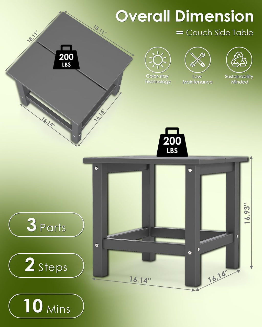 GREENVINES Adirondack-Outdoor-Side-Table | 18 x 18 Inches | HDPE Plastic | All Weather | Outside Couch Tables for Conversation Set | Gray | for Patio Porch Deck Lawn