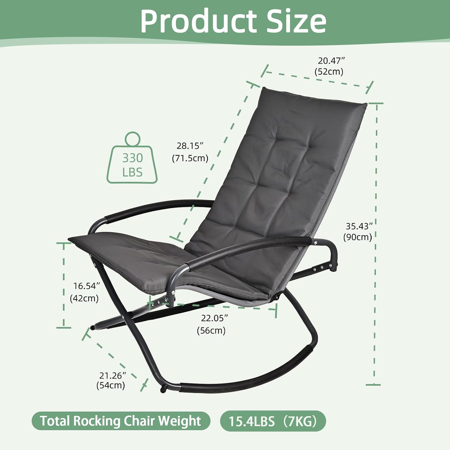 Rocking Folding Chair Comfy Recliner Chair with Puffy Cushion Suitable for Porch Deck, Garden, Patio Lounge Set, Gray，Weather Resistant Textilene Fabric Space-Saving 330lbs Capacity