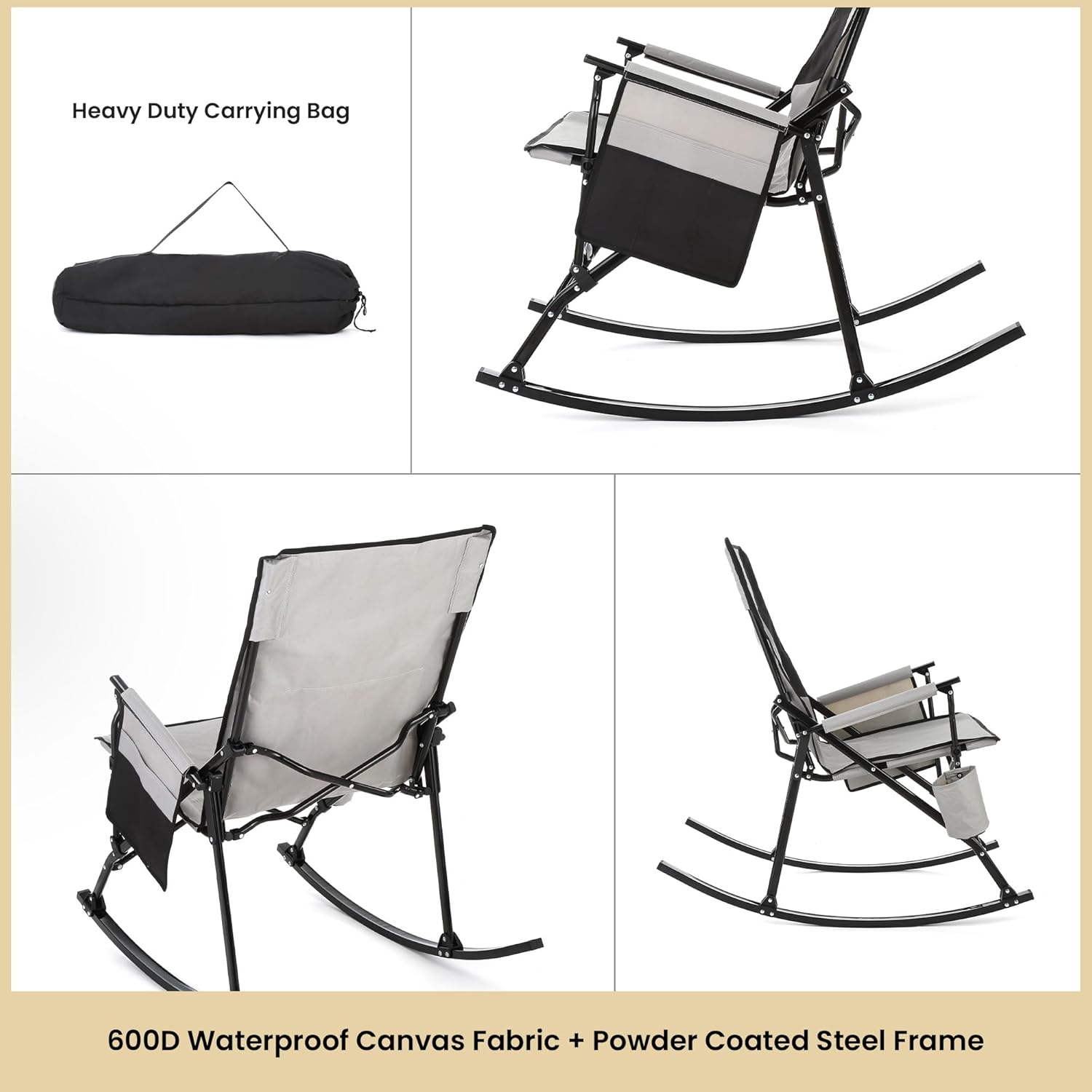 ARROWHEAD OUTDOOR Foldable Rocking Camp Chair with Large Cup Holder, Side Pocket, Space-Saving Folding, Enhanced Swinging Rocker for Camping, Fishing, Patio