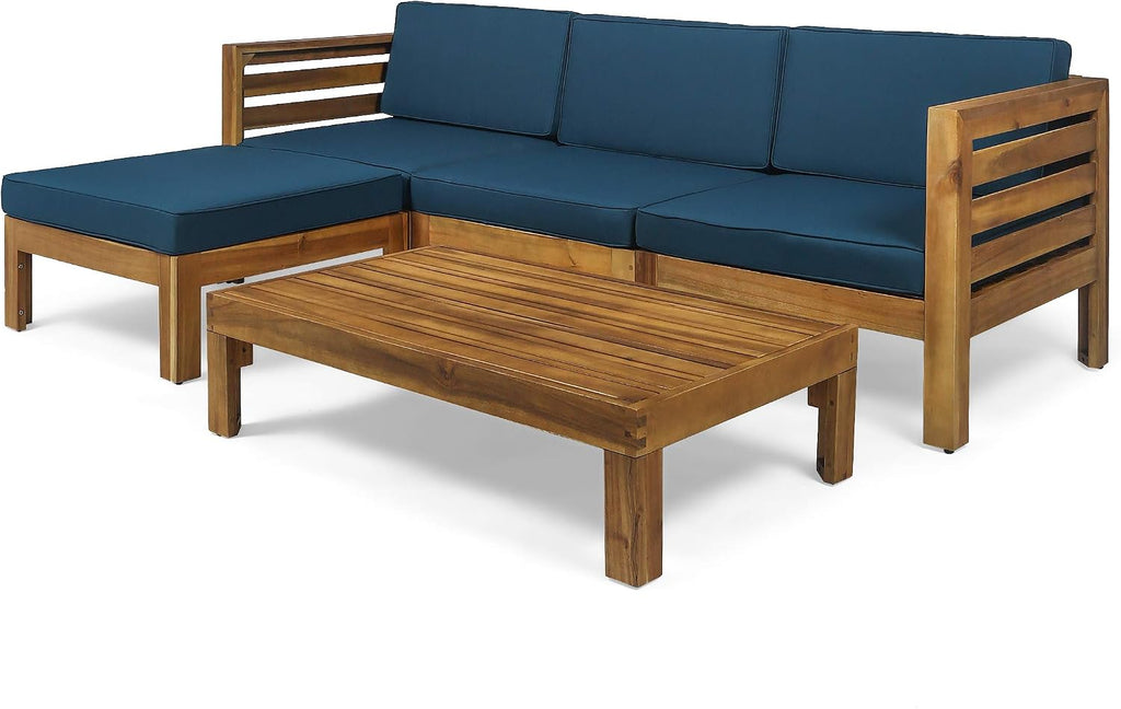Christopher Knight Home Alice Outdoor 5 Piece Acacia Wood Sofa Set, Teak Finish, Dark Teal