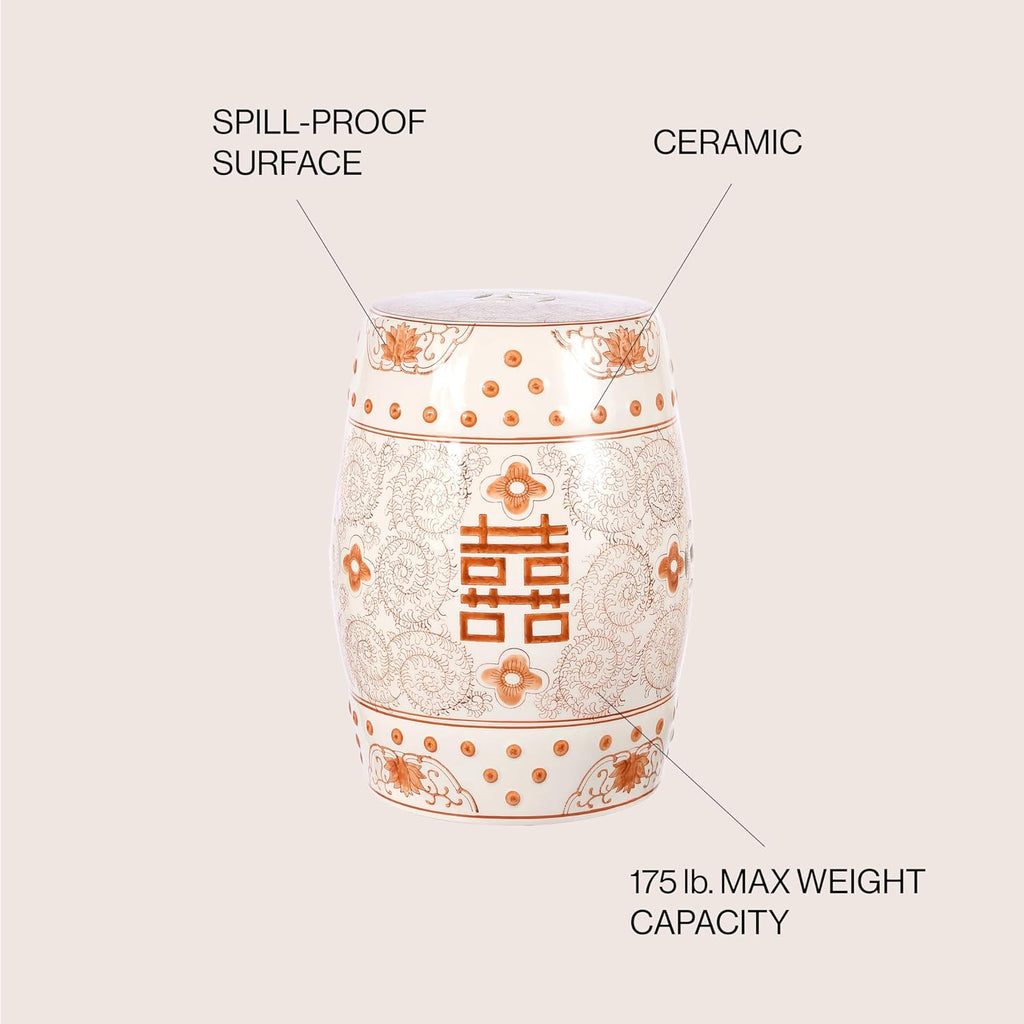 JONATHAN Y Double Happiness 18" Ceramic Garden Stool, Traditional Chinoiserie Orange and White Indoor/Outdoor Patio Drum Accent Side Table and Plant Stand TBL1013D
