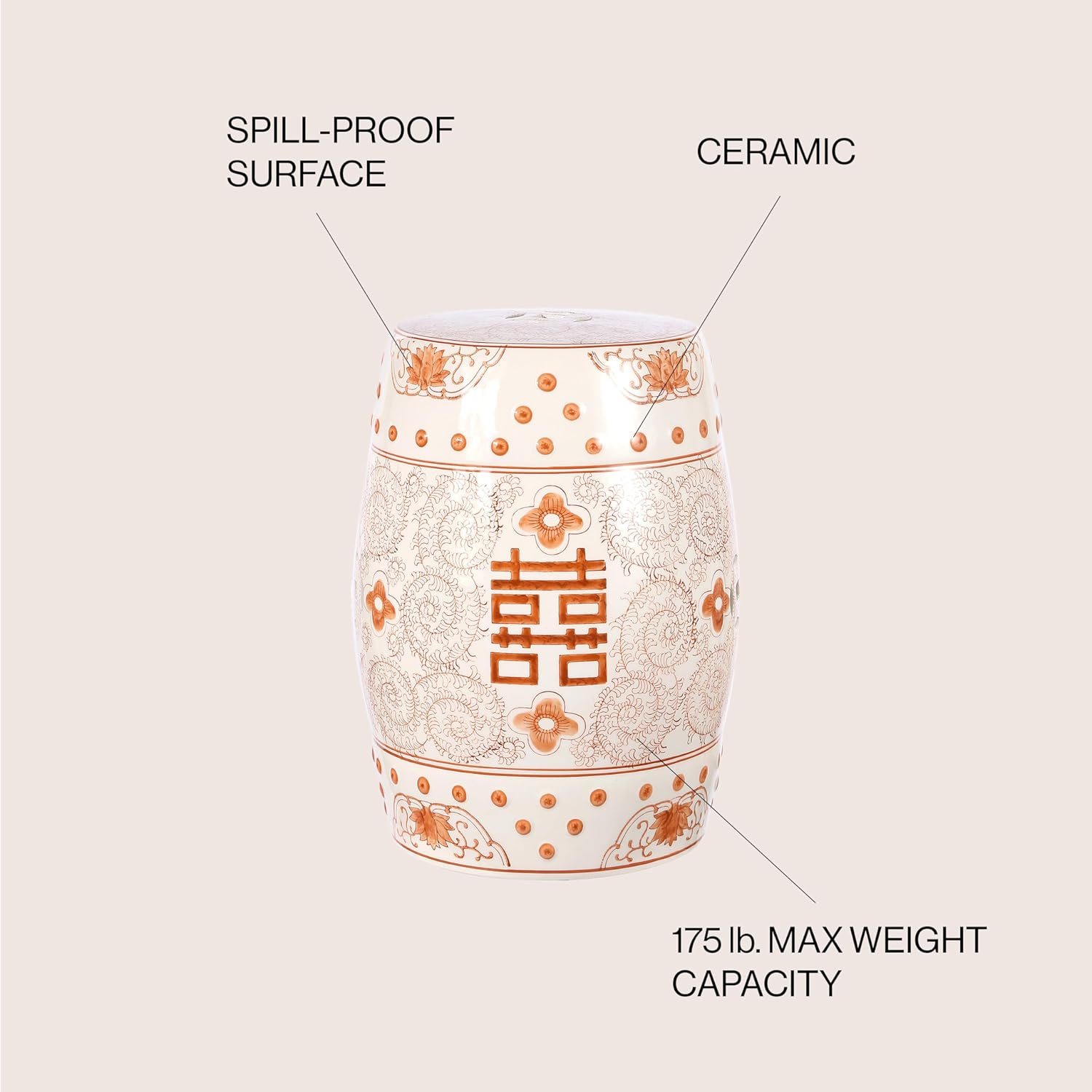 JONATHAN Y Double Happiness 18" Ceramic Garden Stool, Traditional Chinoiserie Orange and White Indoor/Outdoor Patio Drum Accent Side Table and Plant Stand TBL1013D