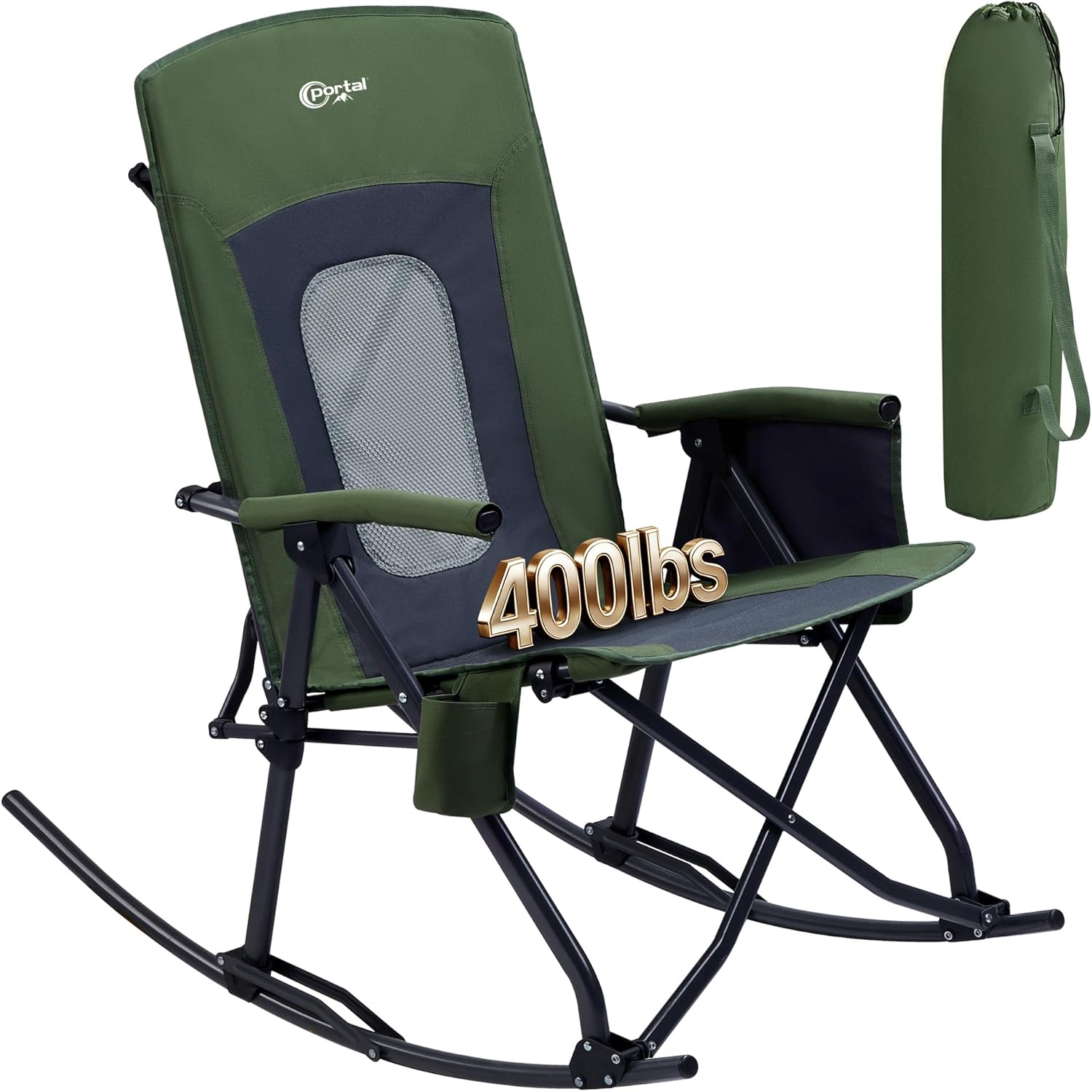 Portal Oversized Folding Rocking Camping Chair Portable Outdoor Rocker with High Back Hard Armrests Carry Bag, Supports 400 lbs