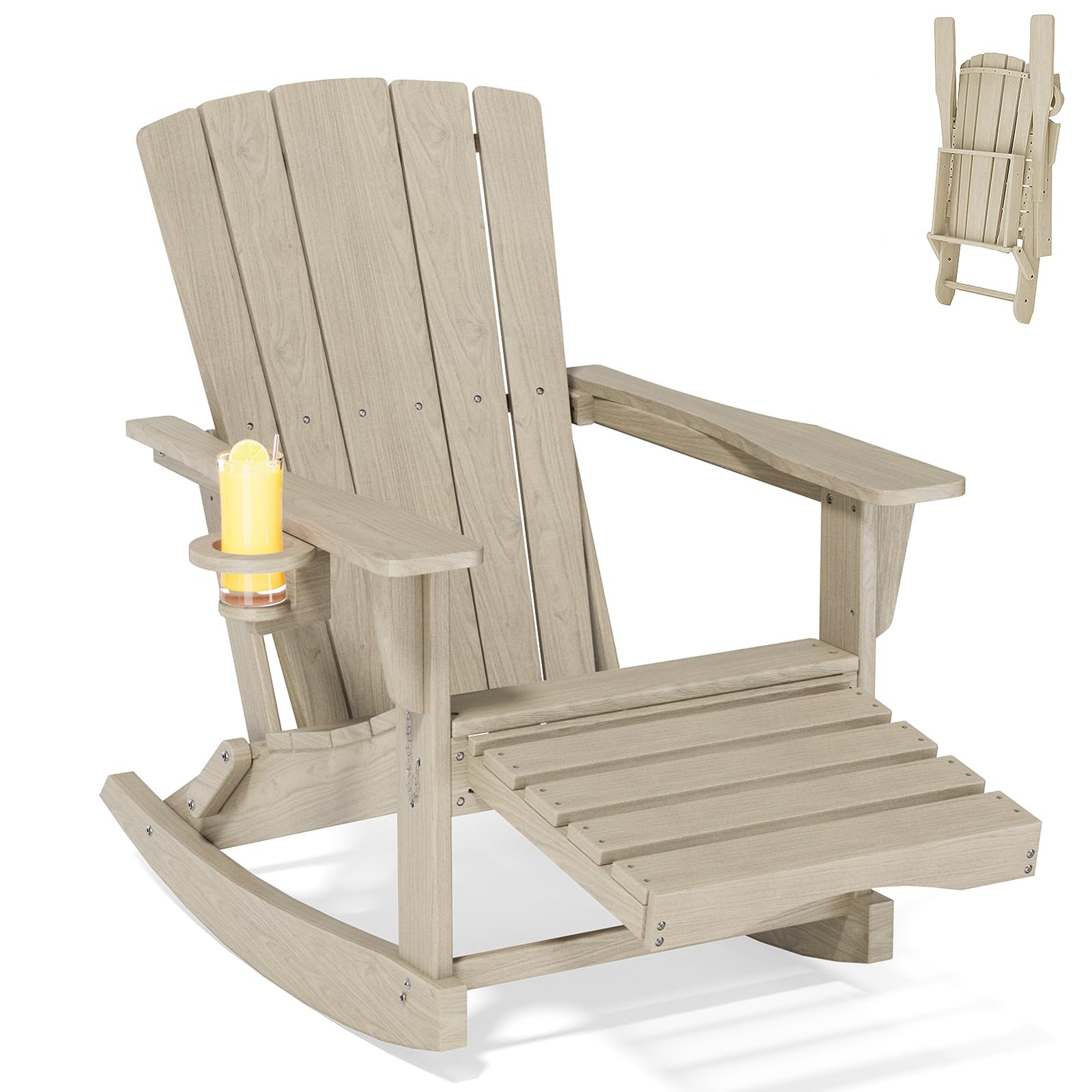 Adirondack Rocking Chair with Retractable Ottoman,Outdoor Folding Adirondack Chair with Cup Holder,HDPE All-Weather Patio Lounge Chair for Porch,Lawn, Poolside, Black