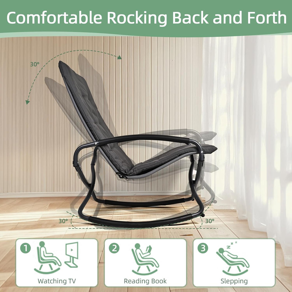 Rocking Folding Chair Comfy Recliner Chair with Puffy Cushion Suitable for Porch Deck, Garden, Patio Lounge Set, Gray，Weather Resistant Textilene Fabric Space-Saving 330lbs Capacity