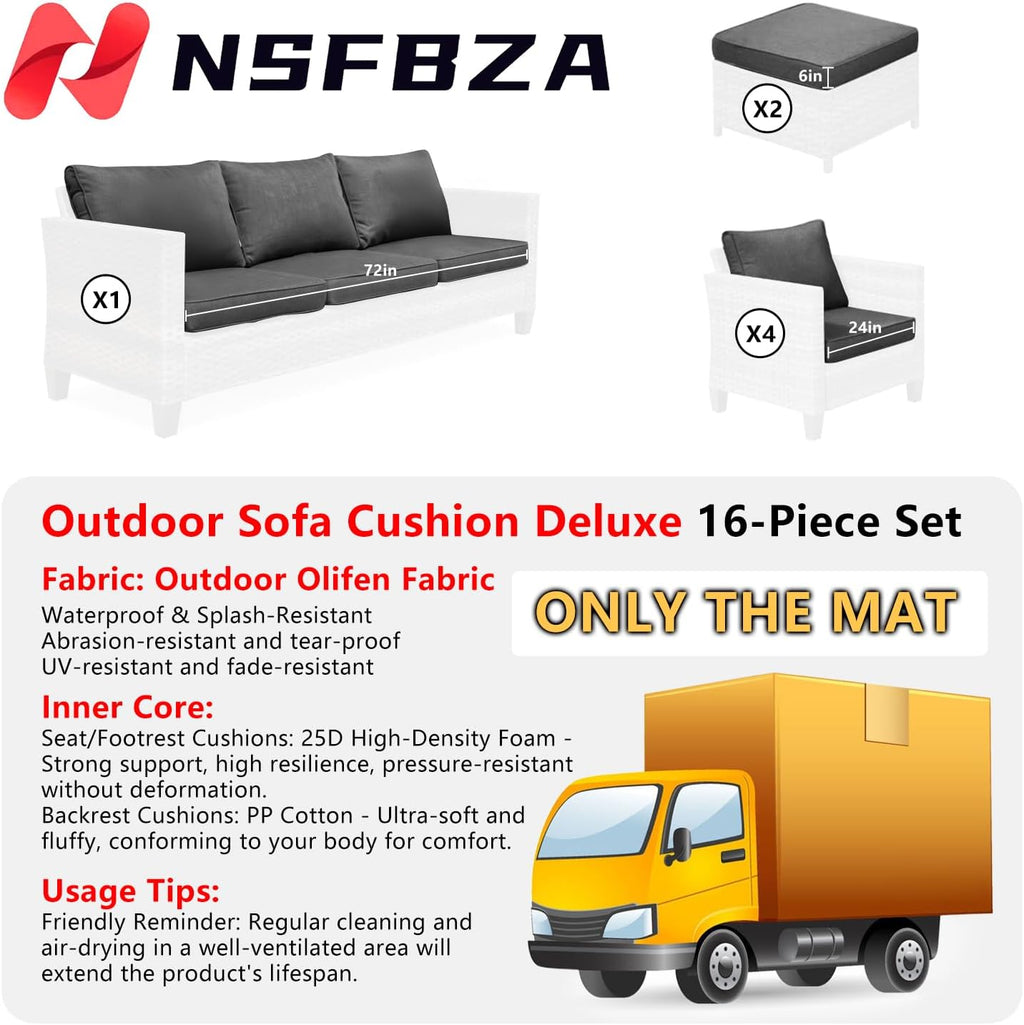 (Only Cushions)16 Piece Patio Cushion Set for 10 Pieces Wicker Rattan Conversation Sofa Set with Swivel Rocking Chair and Ottomans,6" Thick Cushion for 7 Person Patio Conversation Sets (24*24in)