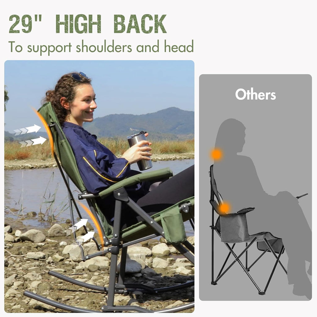 Portal Oversized Folding Rocking Camping Chair Portable Outdoor Rocker with High Back Hard Armrests Carry Bag, Supports 400 lbs