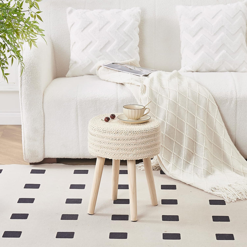 Cpintltr Round Ottoman Footstool Natural Seagrass Foot Stool Pouf Ottomans with Solid Wood Legs Hand Weave Hyacinth Footrest Step Stool for Living Room Balcony Garden Natural & Beige