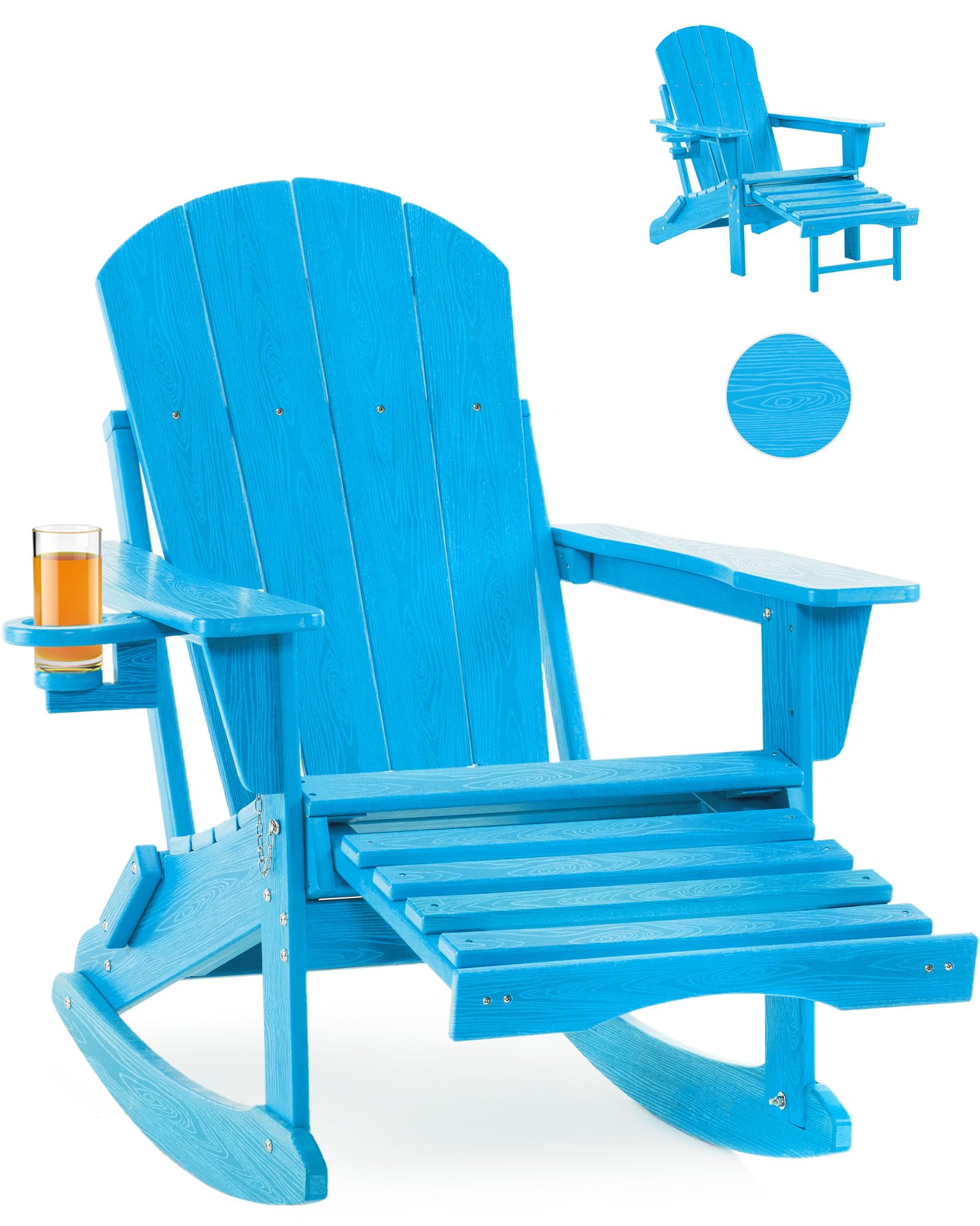 Folding Adirondack Rocking Chair,4-in-1 Multifunctional Patio Chair with Retractable Ottoman, Outdoor Chair Wood Texture, Lawn Chair for Porch, Backyard, Pool(Grey)