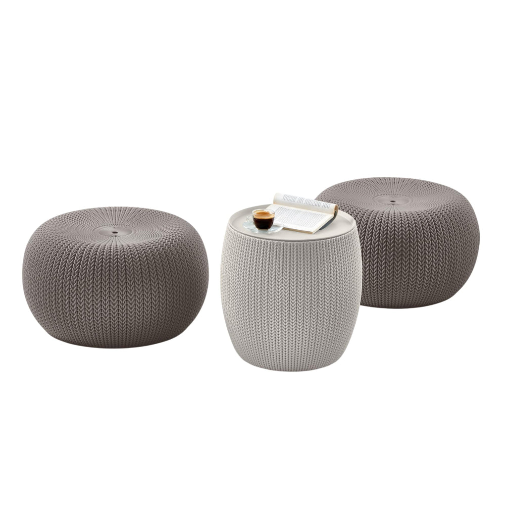 Keter Urban Knit Pouf Ottoman Set of 2 with Storage Table for Patio and Room Décor - Perfect for Balcony, Deck, and Outdoor Seating, Misty Blue & Taupe