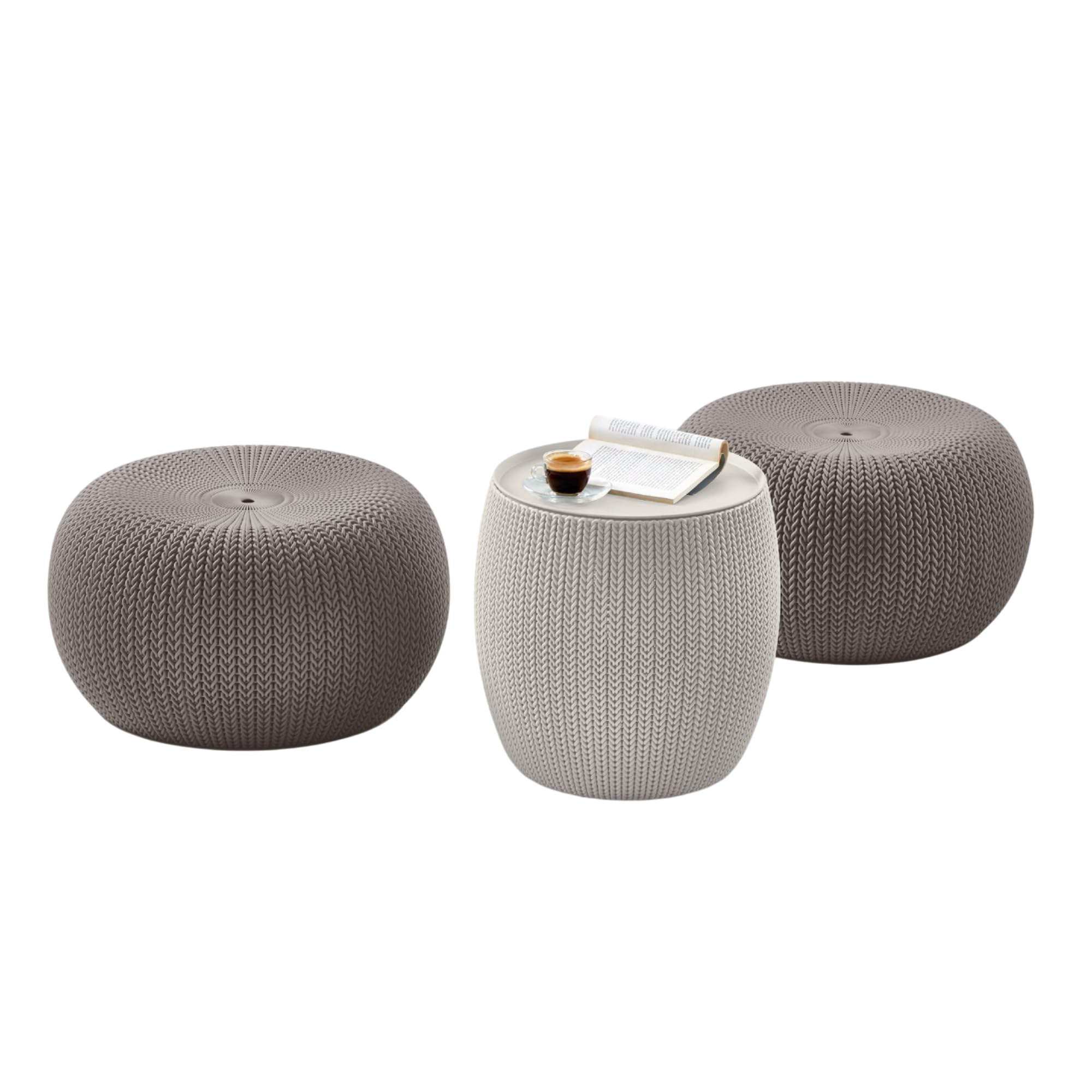 Keter Urban Knit Pouf Ottoman Set of 2 with Storage Table for Patio and Room Décor - Perfect for Balcony, Deck, and Outdoor Seating, Misty Blue & Taupe