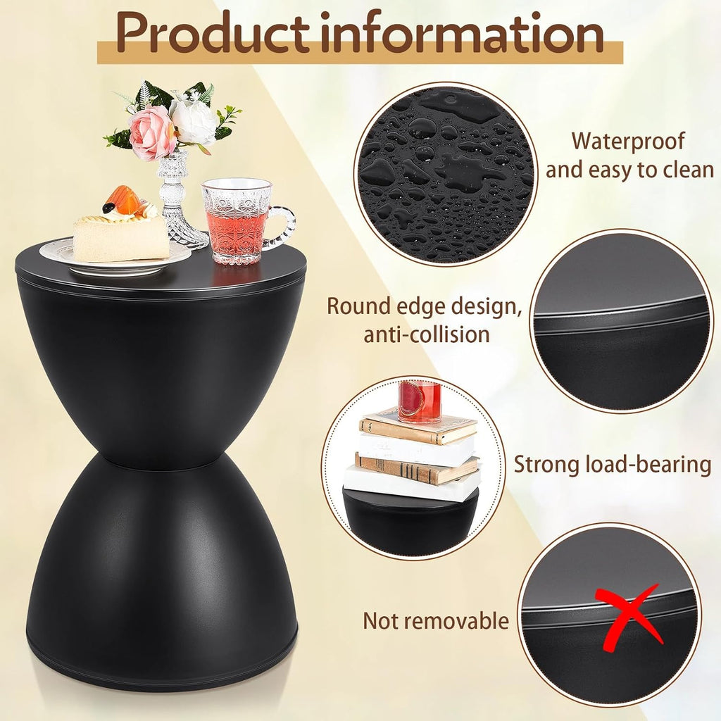 Leinuosen 16.73" H x 11.81" W Small Plastic Black Drum Side Table Plastic Hourglass Modern End Table Round Outdoor Stool Side Table for Coffee Patio Indoor Home Bedroom (Cover Cannot Be Removed)