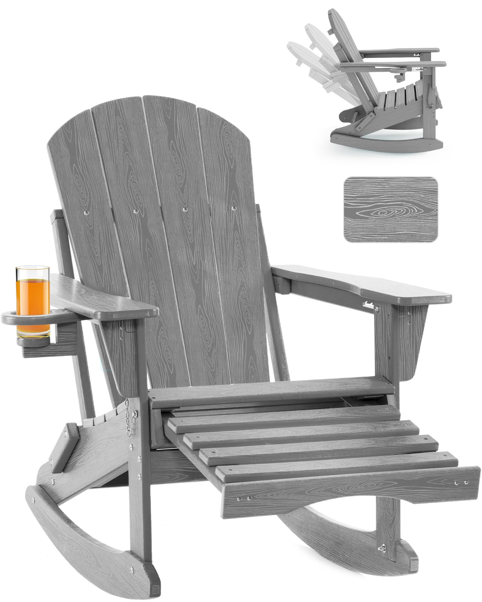 Folding Adirondack Rocking Chair,4-in-1 Multifunctional Patio Chair with Retractable Ottoman, Outdoor Chair Wood Texture, Lawn Chair for Porch, Backyard, Pool(Grey)