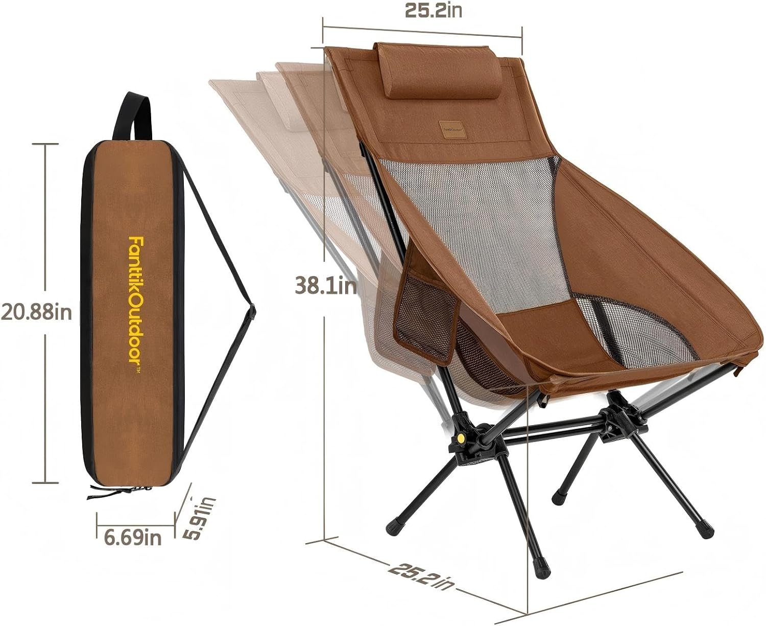 FanttikOutdoor Zeta L8 Max Camping Chair, Portable & Lightweight, Comfort-Driven Foldable Rocking Chair with Carry Bag for Camping, Hiking, Patio, Fishing, Support up to 250 lbs, Brown