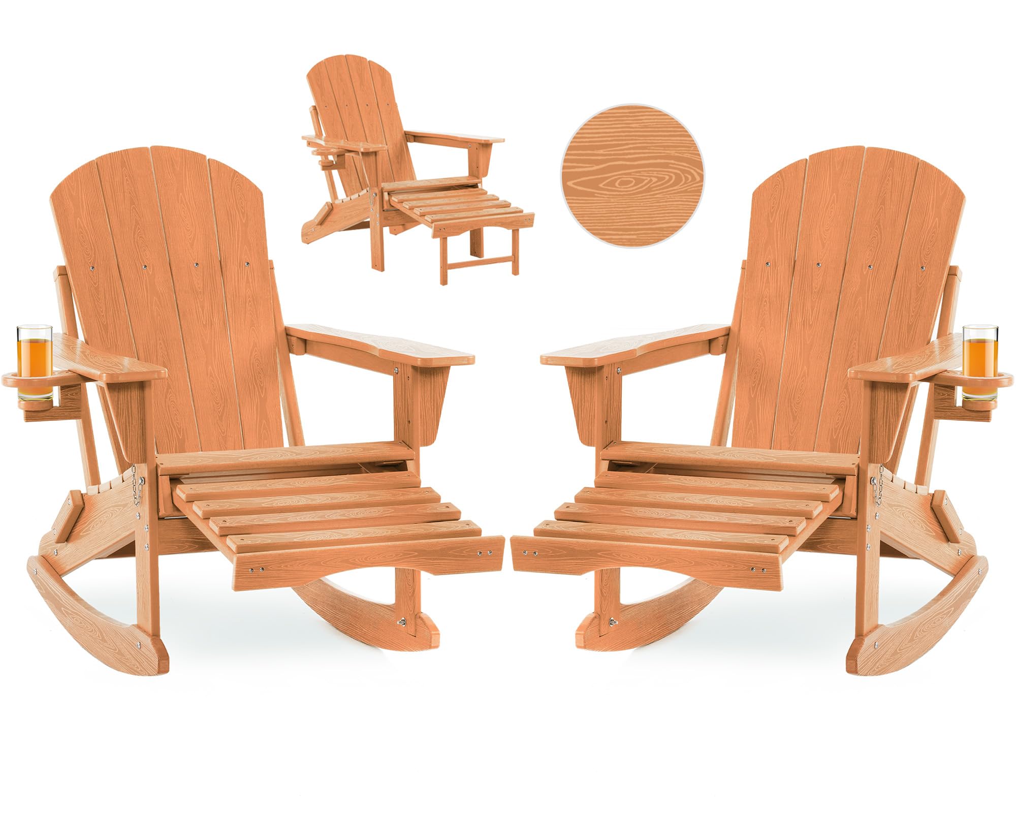 Folding Adirondack Rocking Chair,4-in-1 Multifunctional Patio Chair with Retractable Ottoman, Outdoor Chair Wood Texture, Lawn Chair for Porch, Backyard, Pool(Grey)
