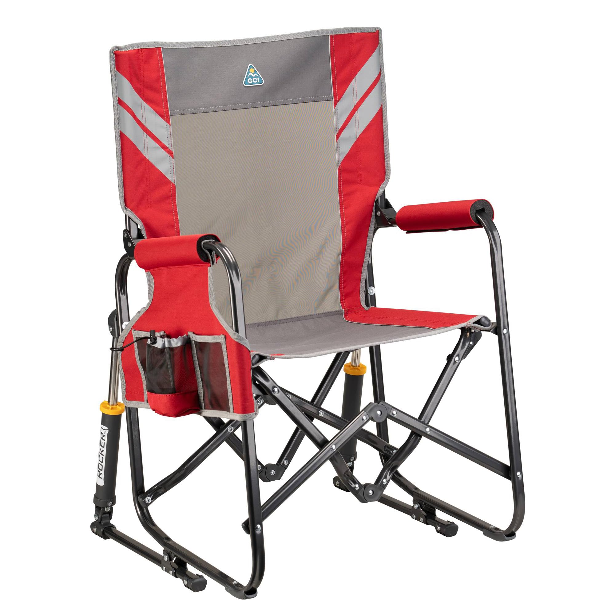 GCI OUTDOOR Freestyle Rocker XL with Side Table Camping Chair | Portable Folding Rocking Chair with Solid, Durable Armrests, Drink Holder & Comfortable Backrest — Red