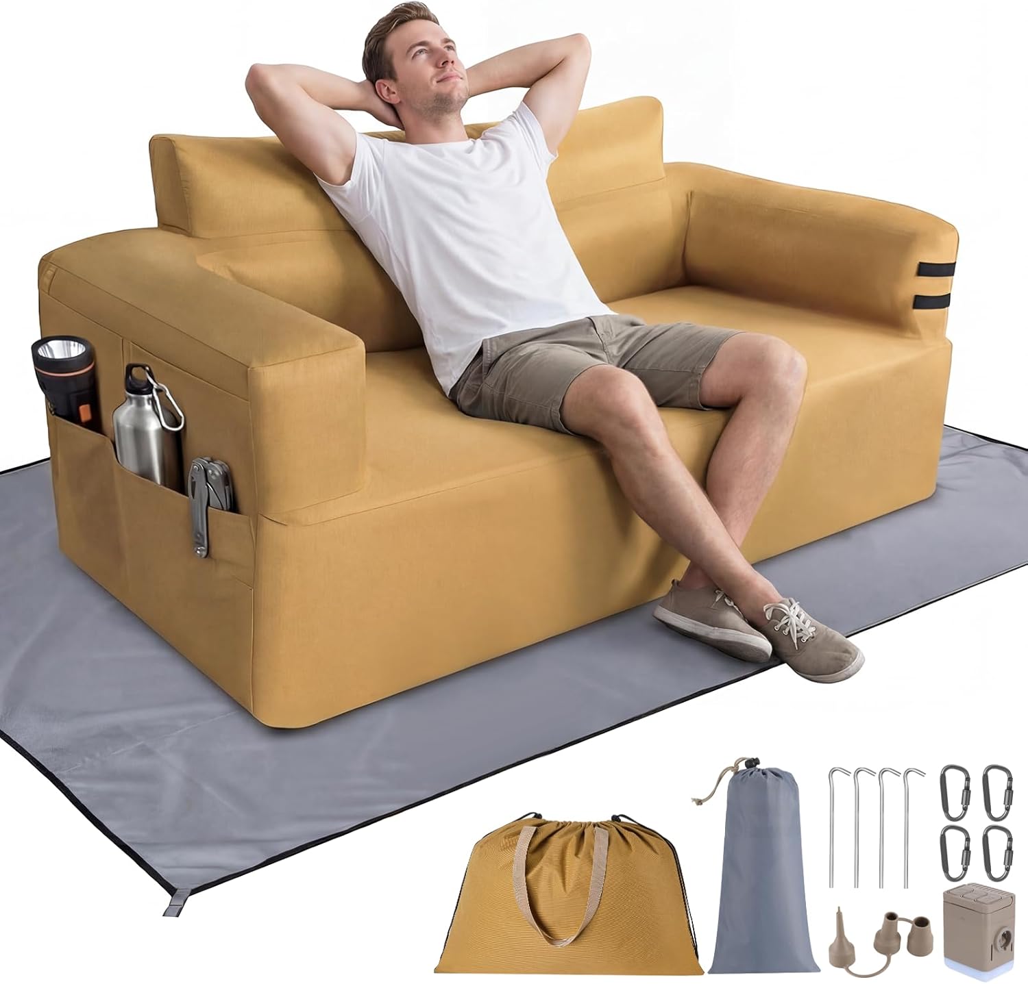 Portable Inflatable Couch with Built-in Pump,1000D Oxford Blow Up Sofa with Floor Mat for Camping,Beach,Party & Indoor | Puncture-Resistant Outdoor Inflatable Loveseat-Machine Washable,Quick Inflation
