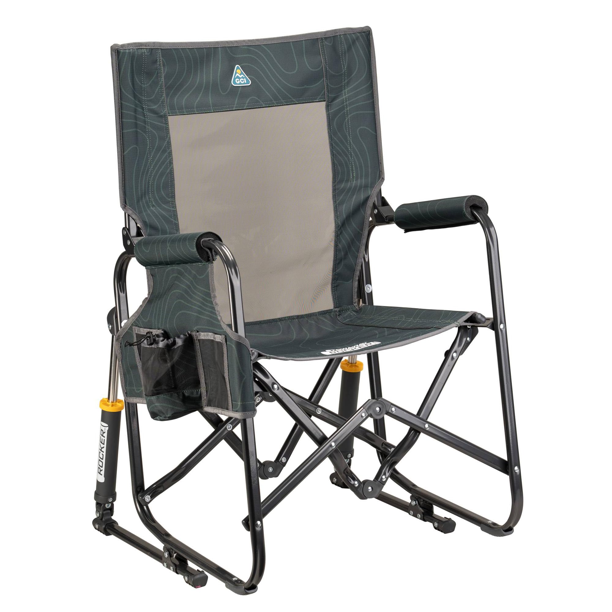 GCI OUTDOOR Freestyle Rocker XL with Side Table Camping Chair | Portable Folding Rocking Chair with Solid, Durable Armrests, Drink Holder & Comfortable Backrest — Red
