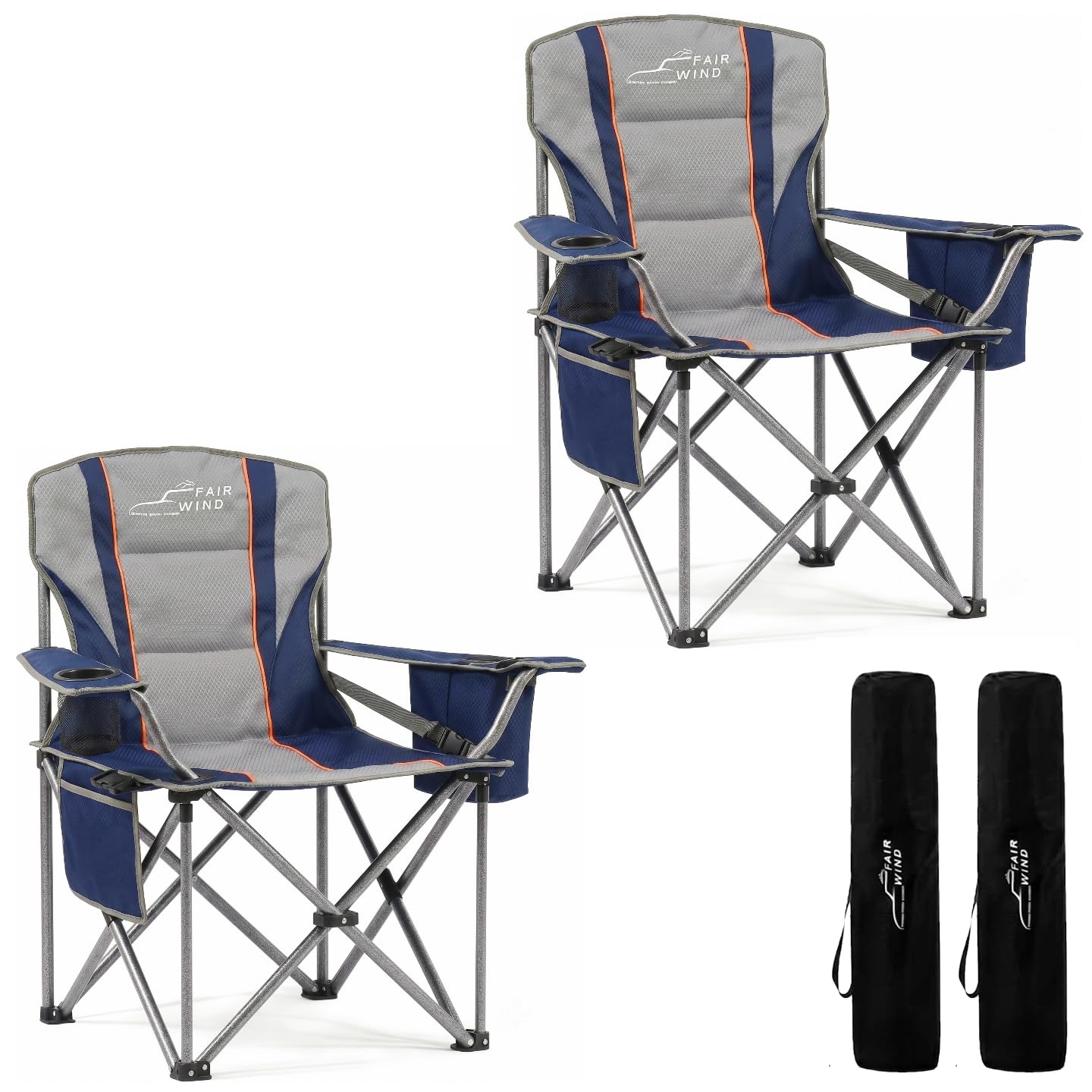 FAIR WIND Padded Camping Chair 500LBS Capacity Heavy Duty Oversized Folding Chair for Heavy People Portable Lawn Chair with Adjustable Lumbar Support, Cooler Bag & Cup Holder for Outdoor, Beach