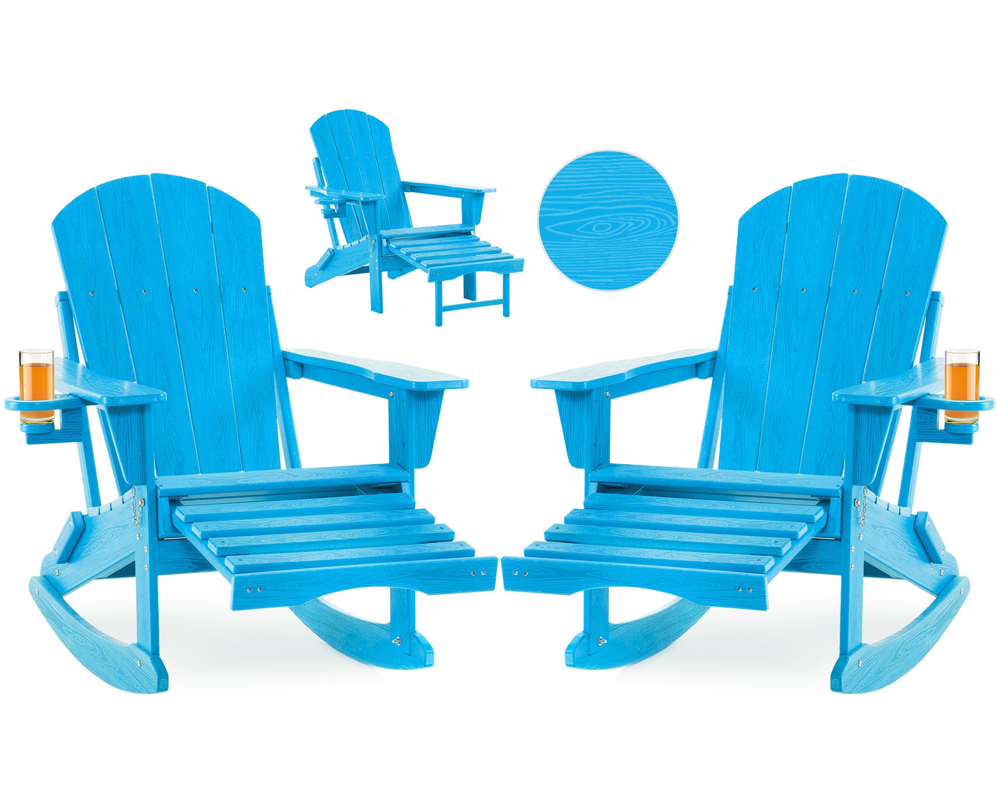 Folding Adirondack Rocking Chair,4-in-1 Multifunctional Patio Chair with Retractable Ottoman, Outdoor Chair Wood Texture, Lawn Chair for Porch, Backyard, Pool(Grey)