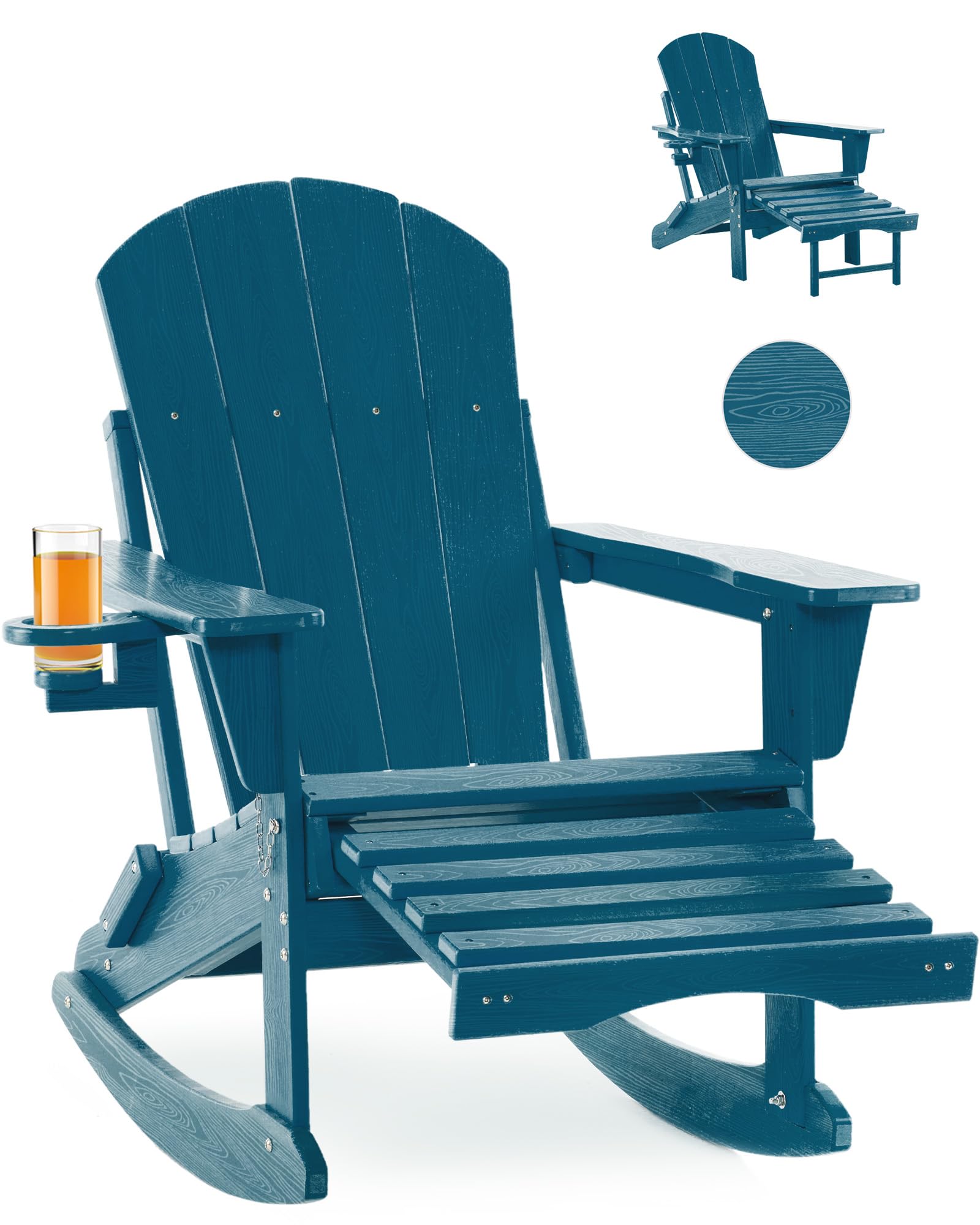 Folding Adirondack Rocking Chair,4-in-1 Multifunctional Patio Chair with Retractable Ottoman, Outdoor Chair Wood Texture, Lawn Chair for Porch, Backyard, Pool(Grey)
