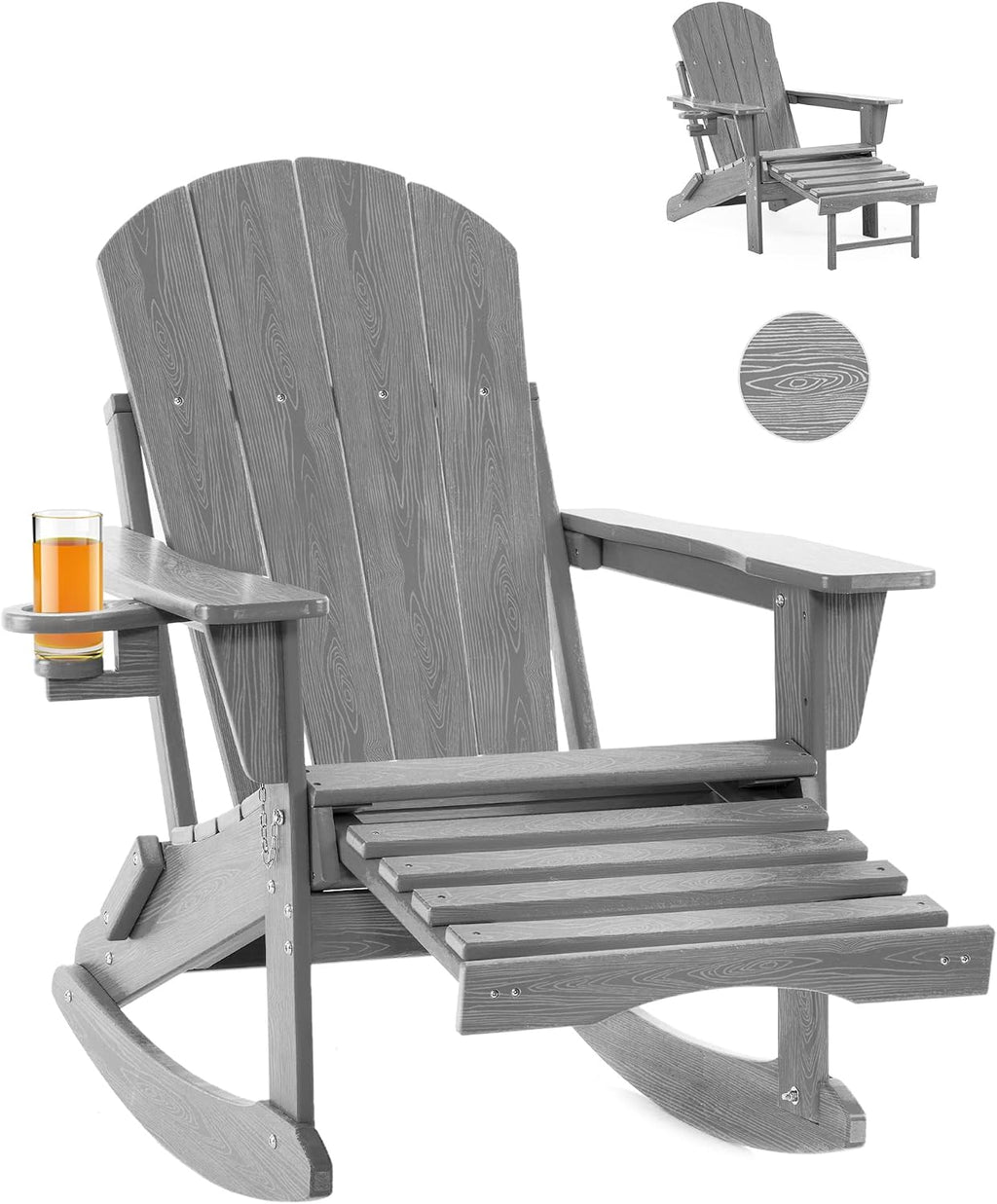 Folding Adirondack Rocking Chair,4-in-1 Multifunctional Patio Chair with Retractable Ottoman, Outdoor Chair Wood Texture, Lawn Chair for Porch, Backyard, Pool(Grey)