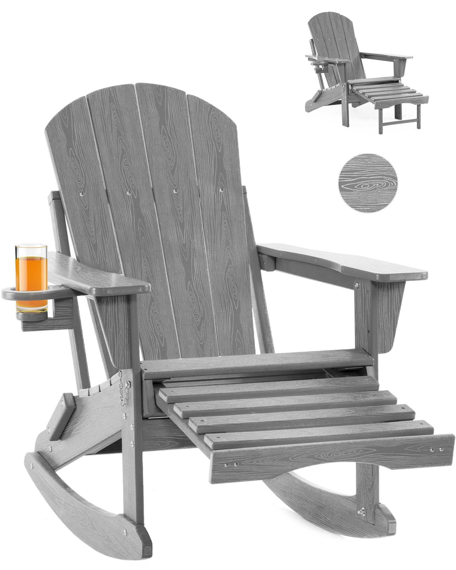 Folding Adirondack Rocking Chair,4-in-1 Multifunctional Patio Chair with Retractable Ottoman, Outdoor Chair Wood Texture, Lawn Chair for Porch, Backyard, Pool(Grey)