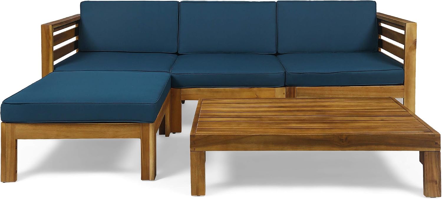 Christopher Knight Home Alice Outdoor 5 Piece Acacia Wood Sofa Set, Teak Finish, Dark Teal