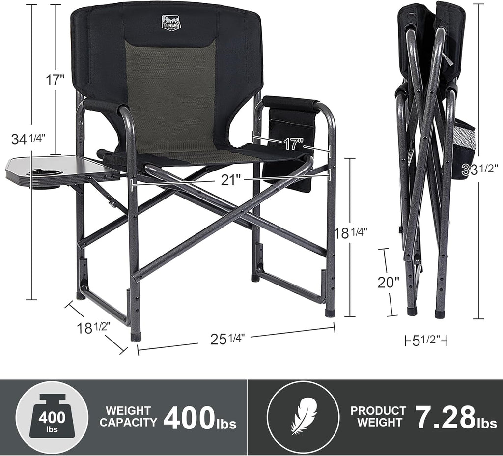 TIMBER RIDGE Aluminum Oversized Camping Chair, Lightweight Portable Directors Chair with Side Table Detachable Side Pocket for Outdoor Camping, Lawn, Picnic, Support 400lbs Black