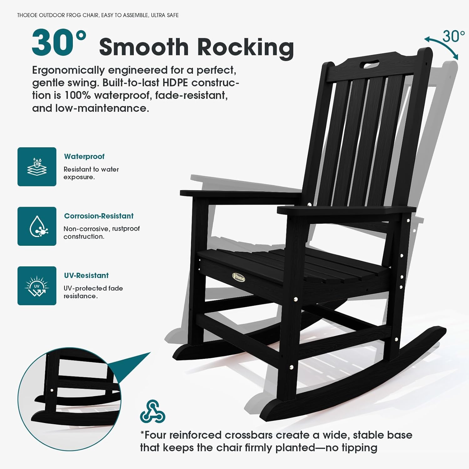 THOEOE Outdoor Rocking Chairs, Oversized Patio Rocking Chair | HDPE Outdoor Rockers for Front Porch, Patio, Backyard, Balcony and Garden. All-Weather High Back Design, Black