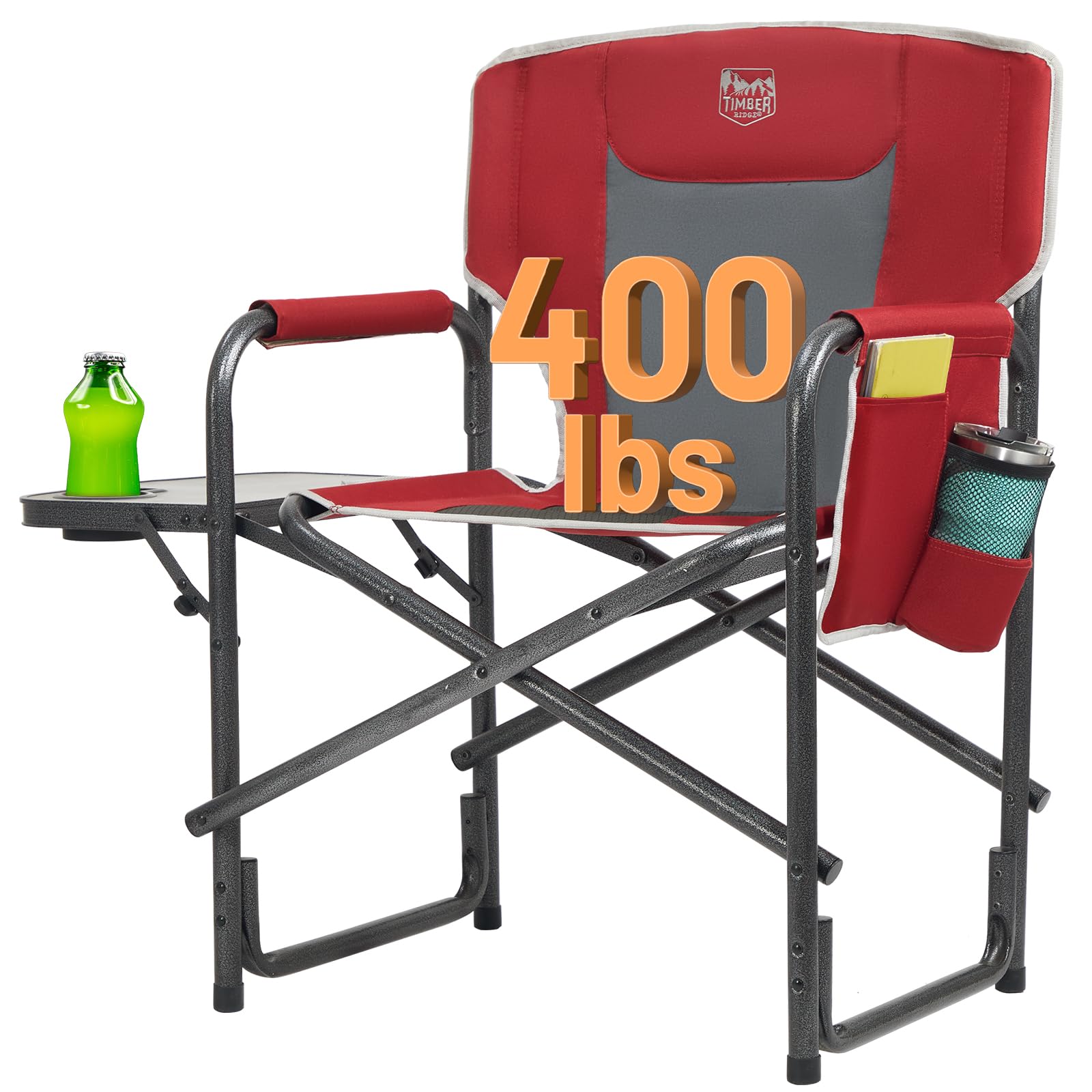 TIMBER RIDGE Aluminum Oversized Camping Chair, Lightweight Portable Directors Chair with Side Table Detachable Side Pocket for Outdoor Camping, Lawn, Picnic, Support 400lbs Black