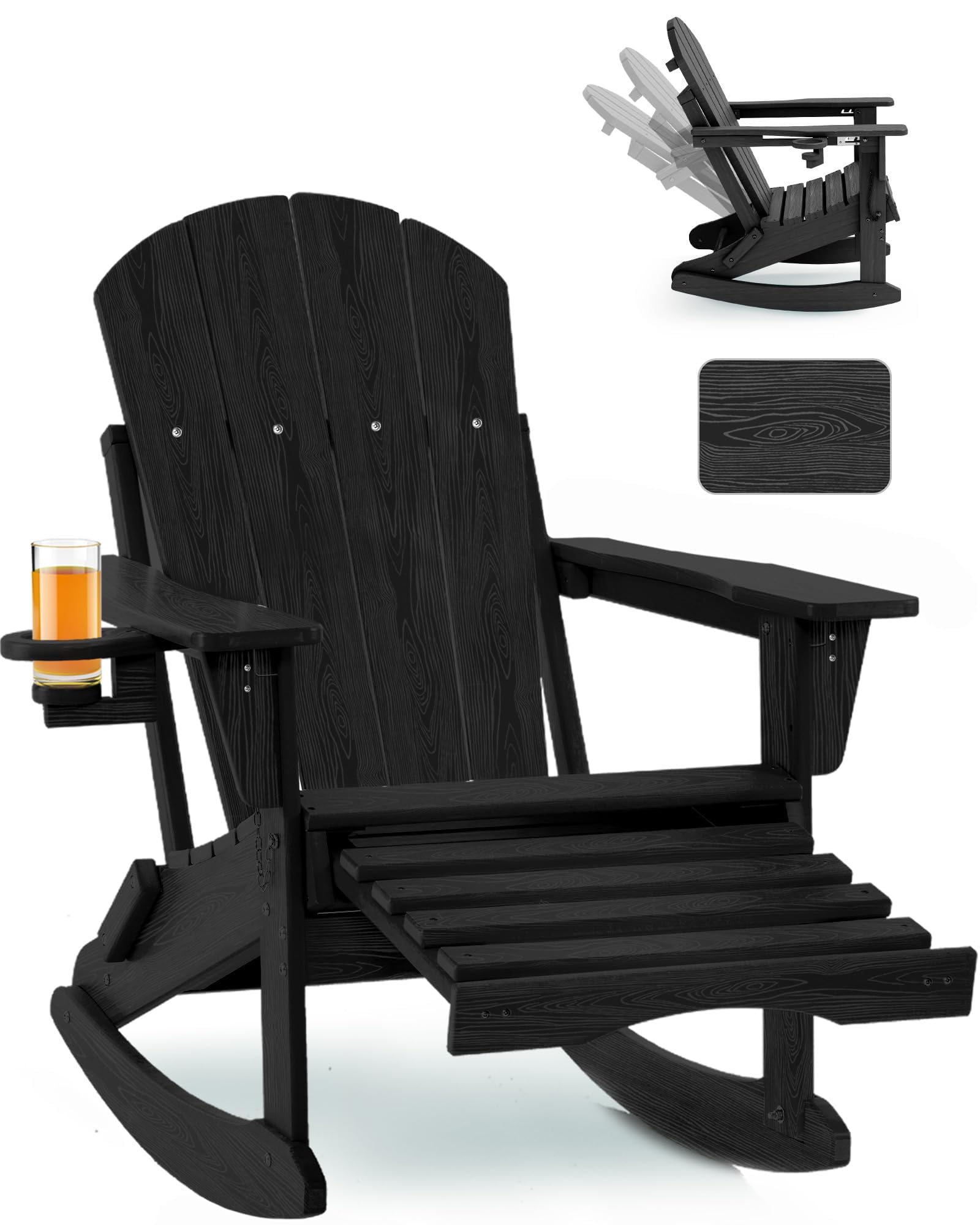Folding Adirondack Rocking Chair,4-in-1 Multifunctional Patio Chair with Retractable Ottoman, Outdoor Chair Wood Texture, Lawn Chair for Porch, Backyard, Pool(Grey)