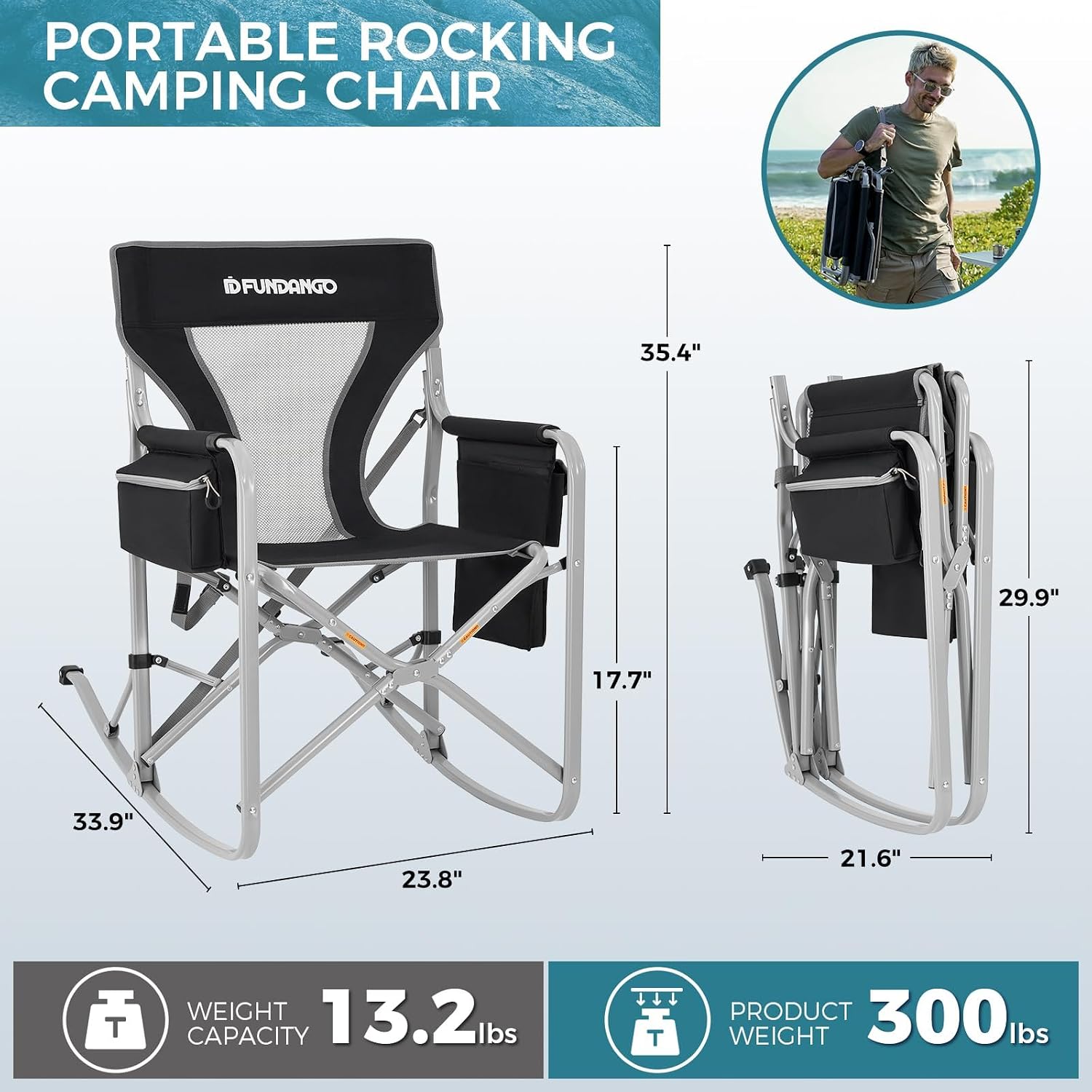 FUNDANGO Rocking Camping Chair, Set of 2, Portable Foldable Camping Chair, Oversized Camp Chair with Padded Back and seat, Cooler Bag for Adults Outdoor Travel