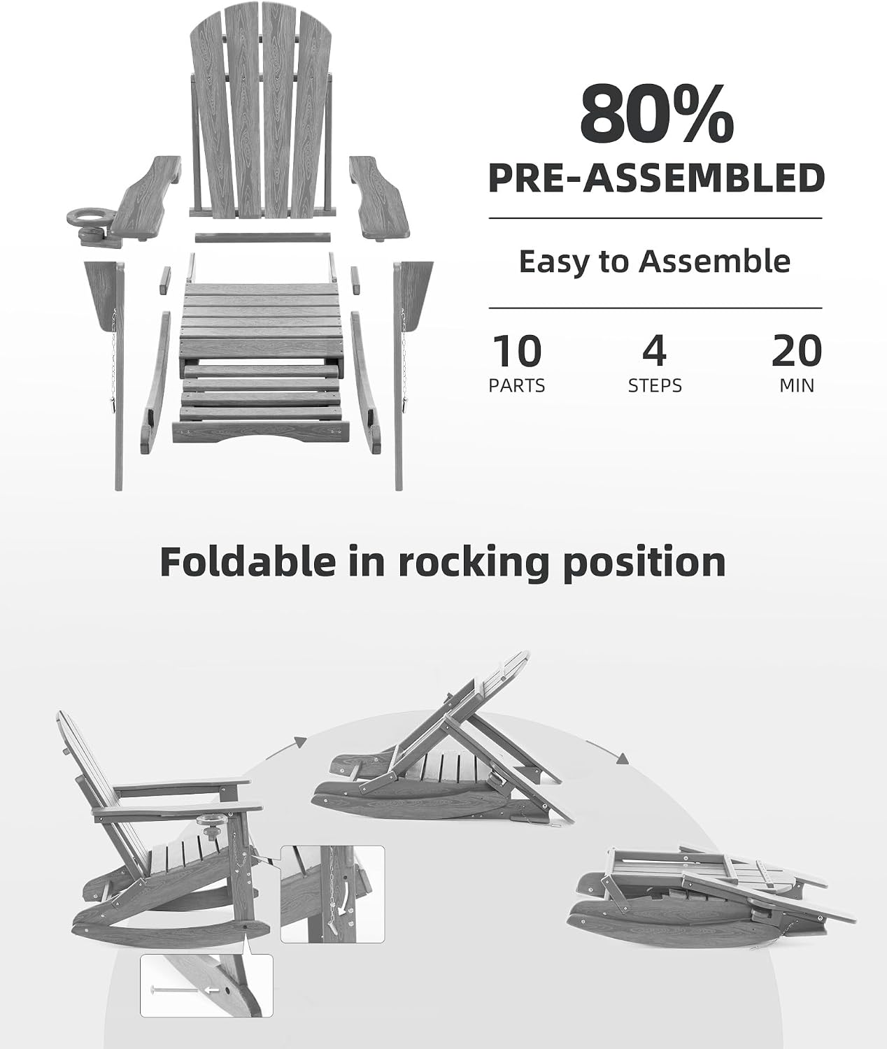 Folding Adirondack Rocking Chair,4-in-1 Multifunctional Patio Chair with Retractable Ottoman, Outdoor Chair Wood Texture, Lawn Chair for Porch, Backyard, Pool(Grey)