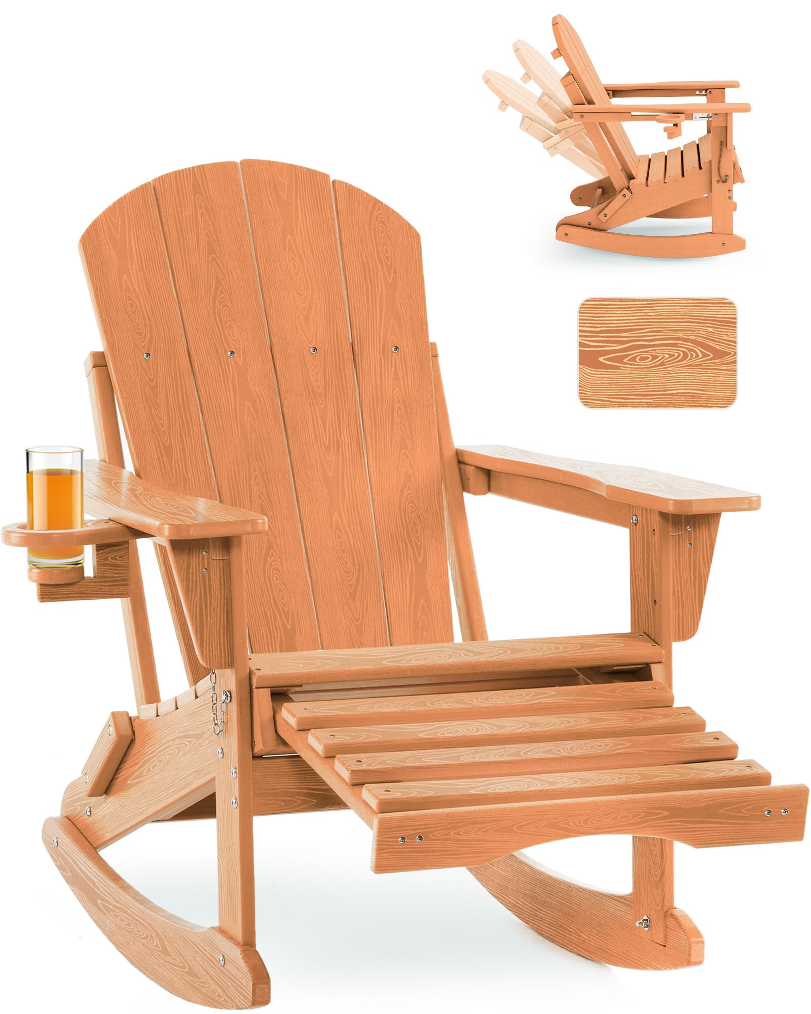Folding Adirondack Rocking Chair,4-in-1 Multifunctional Patio Chair with Retractable Ottoman, Outdoor Chair Wood Texture, Lawn Chair for Porch, Backyard, Pool(Grey)