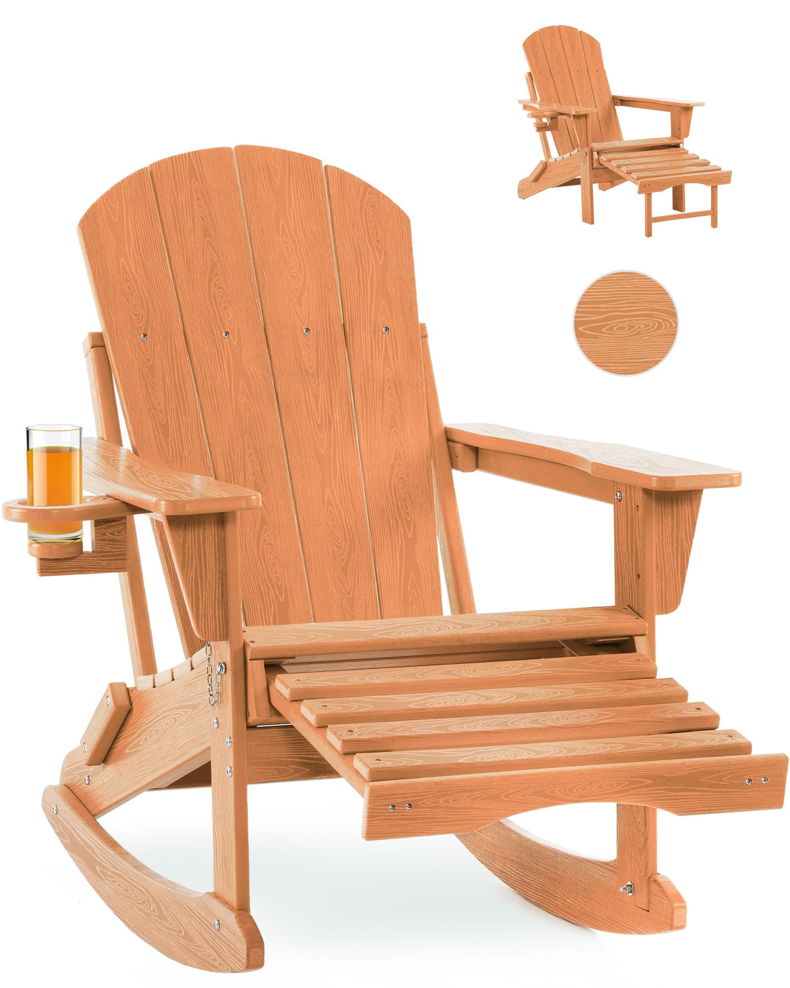 Folding Adirondack Rocking Chair,4-in-1 Multifunctional Patio Chair with Retractable Ottoman, Outdoor Chair Wood Texture, Lawn Chair for Porch, Backyard, Pool(Grey)
