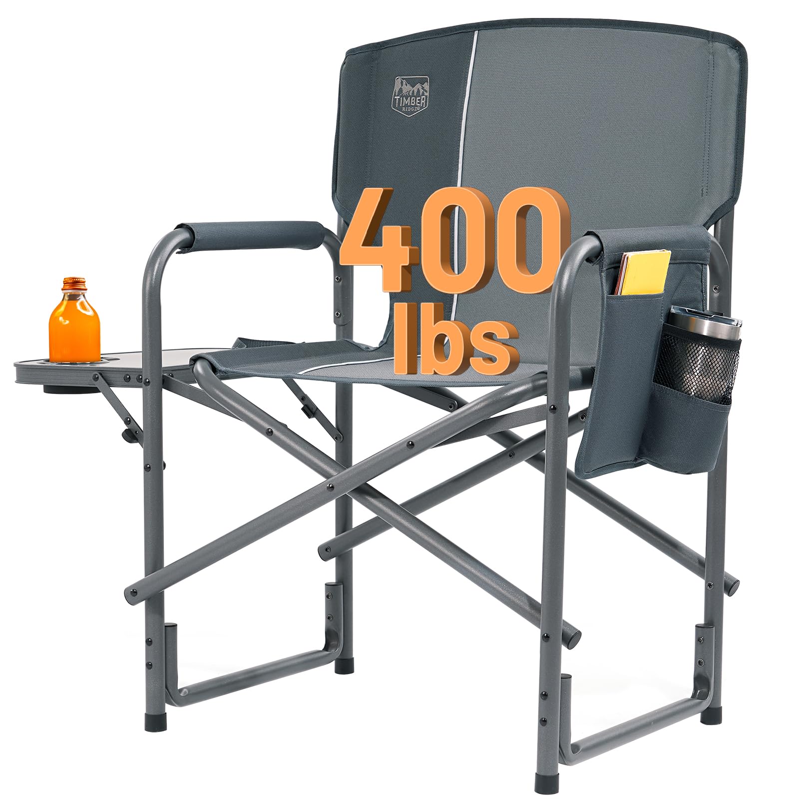TIMBER RIDGE Aluminum Oversized Camping Chair, Lightweight Portable Directors Chair with Side Table Detachable Side Pocket for Outdoor Camping, Lawn, Picnic, Support 400lbs Black