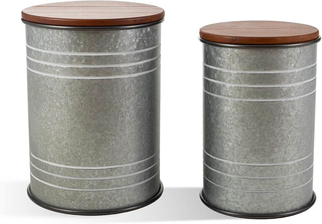 Glitzhome Rustic End Table Set of 2, Farmhouse Galvanized Metal Barrel Ottoman Storage Stool with Round Wood Lid for Living Room Furniture, Grey