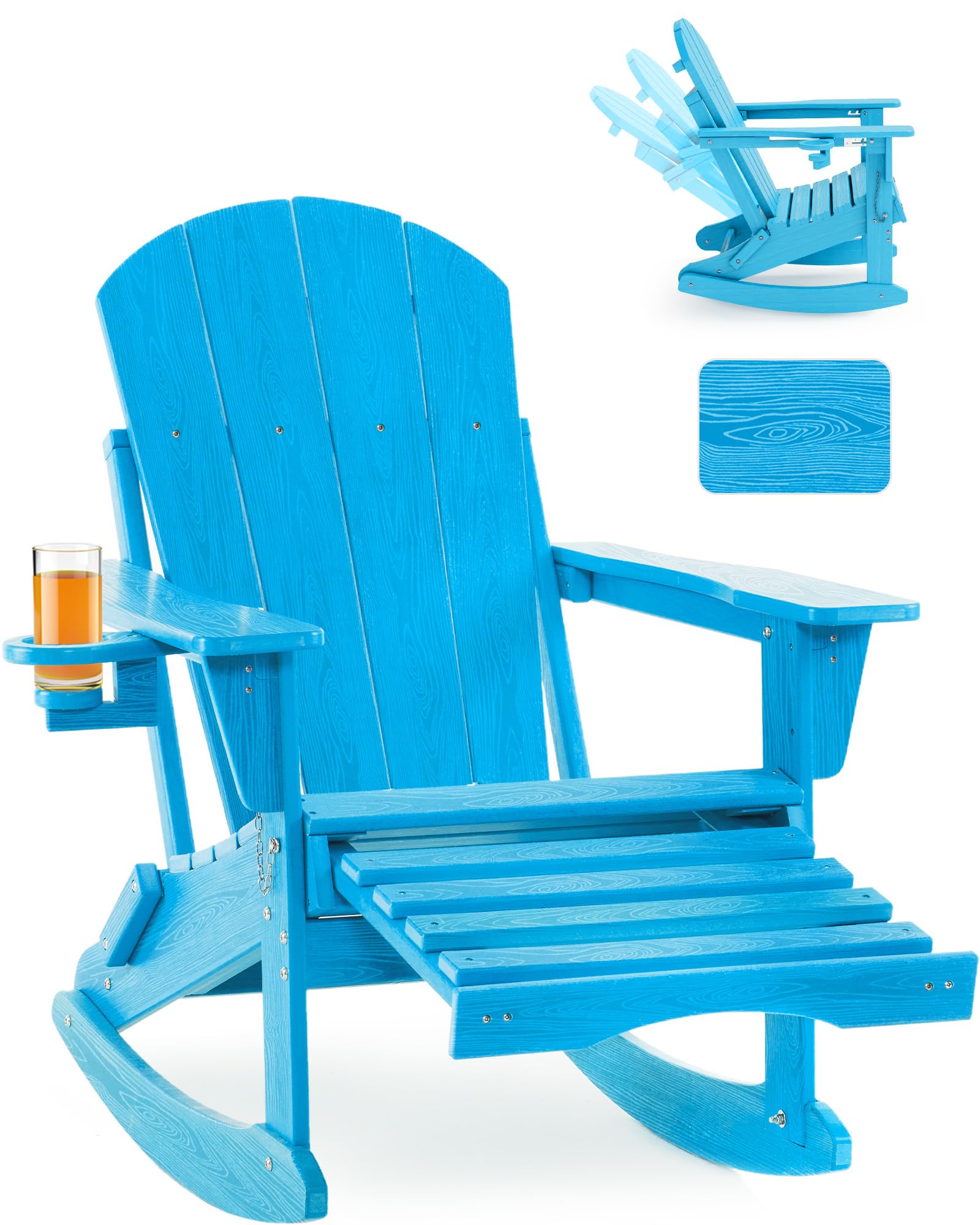 Folding Adirondack Rocking Chair,4-in-1 Multifunctional Patio Chair with Retractable Ottoman, Outdoor Chair Wood Texture, Lawn Chair for Porch, Backyard, Pool(Grey)